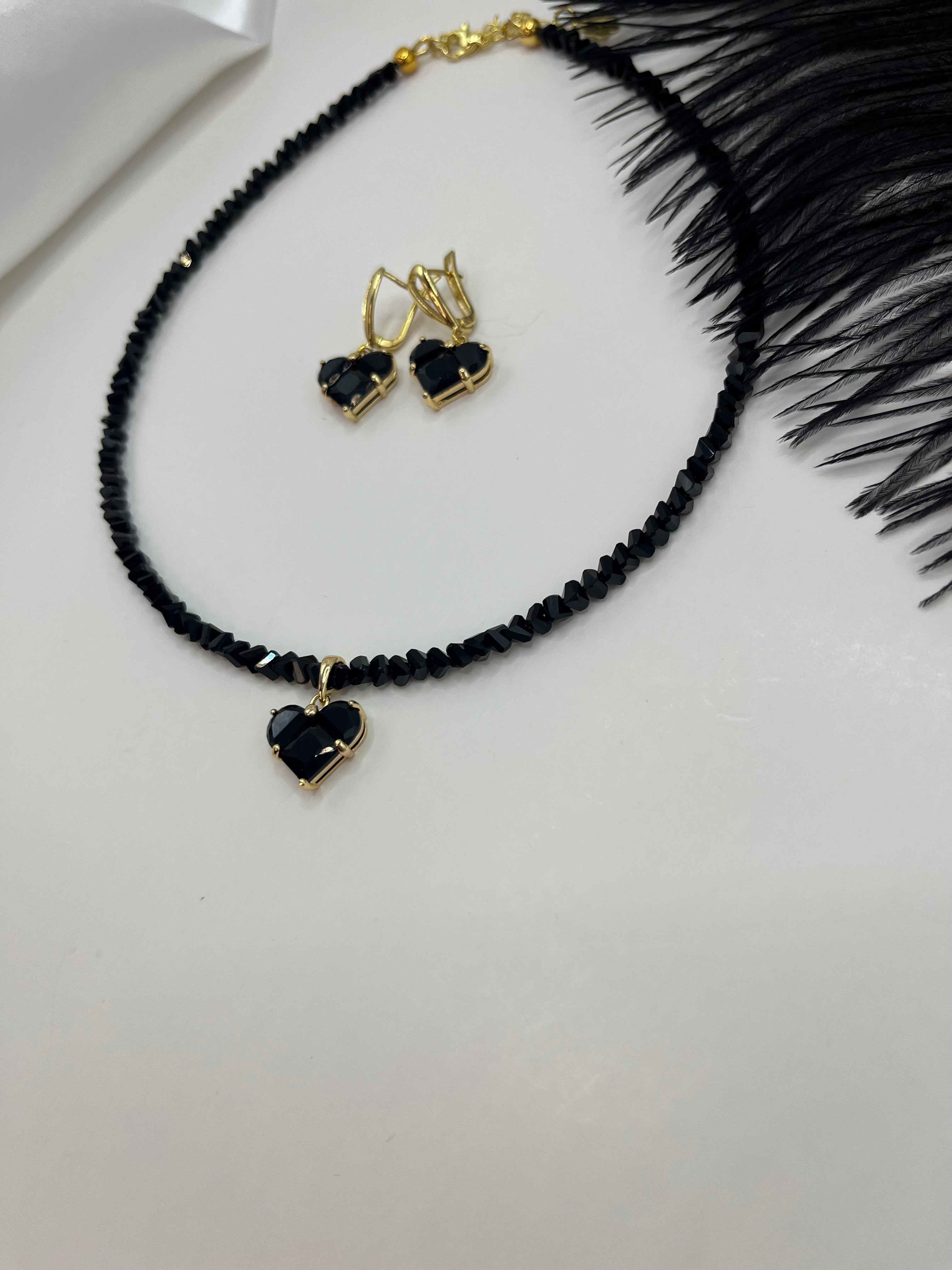 Set: Heart Black Crystal Choker Necklace and Earrings – 18K Gold Plated, Cubic Zirconia, Nickel Free
