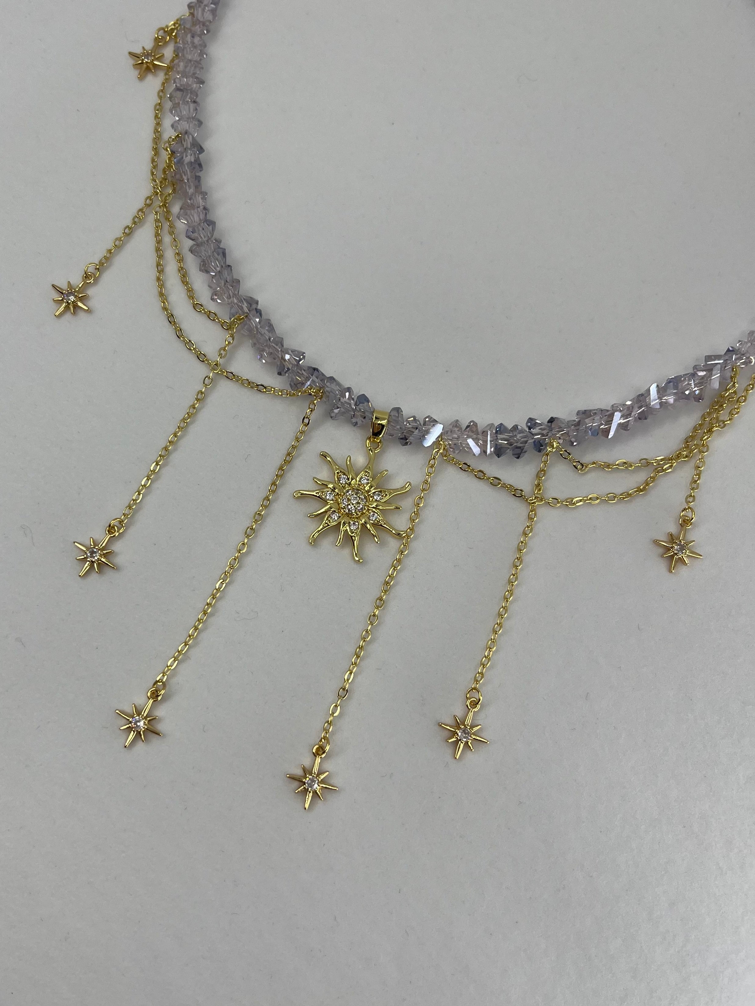 Handmade Crystal Sun & Star Necklace, 18K Gold Plated