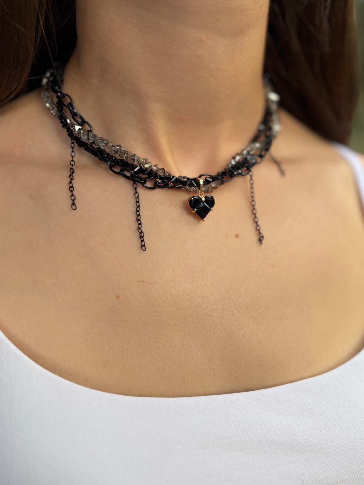 Layered Heart Black Crystal Necklace – 18K Gold Plated