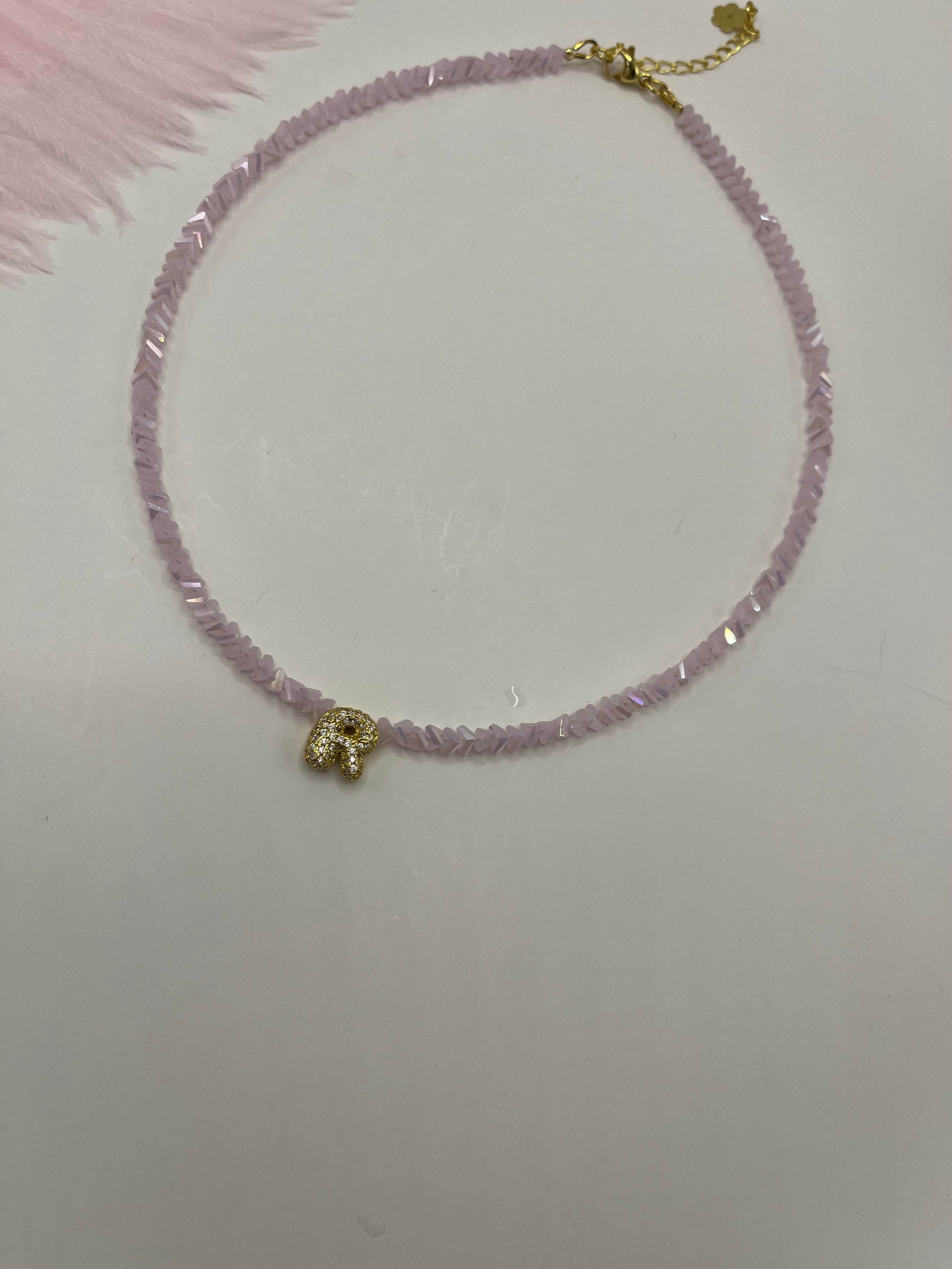 Initial Charm Pink Crystal Necklace – 18K Gold Plated, Cubic Zirconia