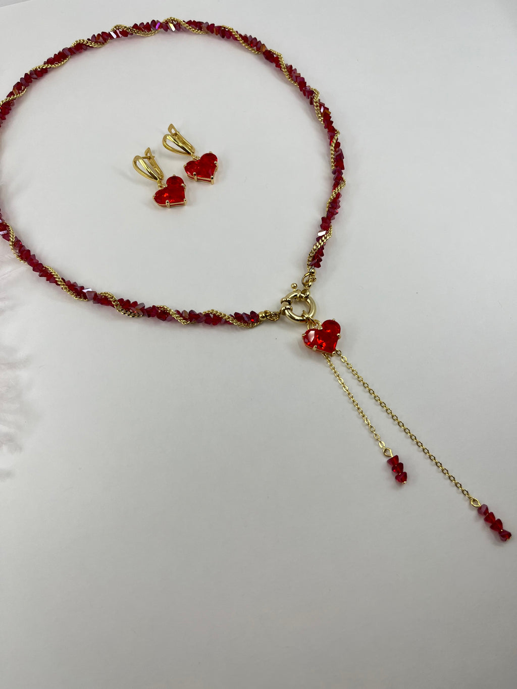 Set: Heart Red Crystal Y-Necklace and Earrings – 18K Gold Plated, Cubic Zirconia