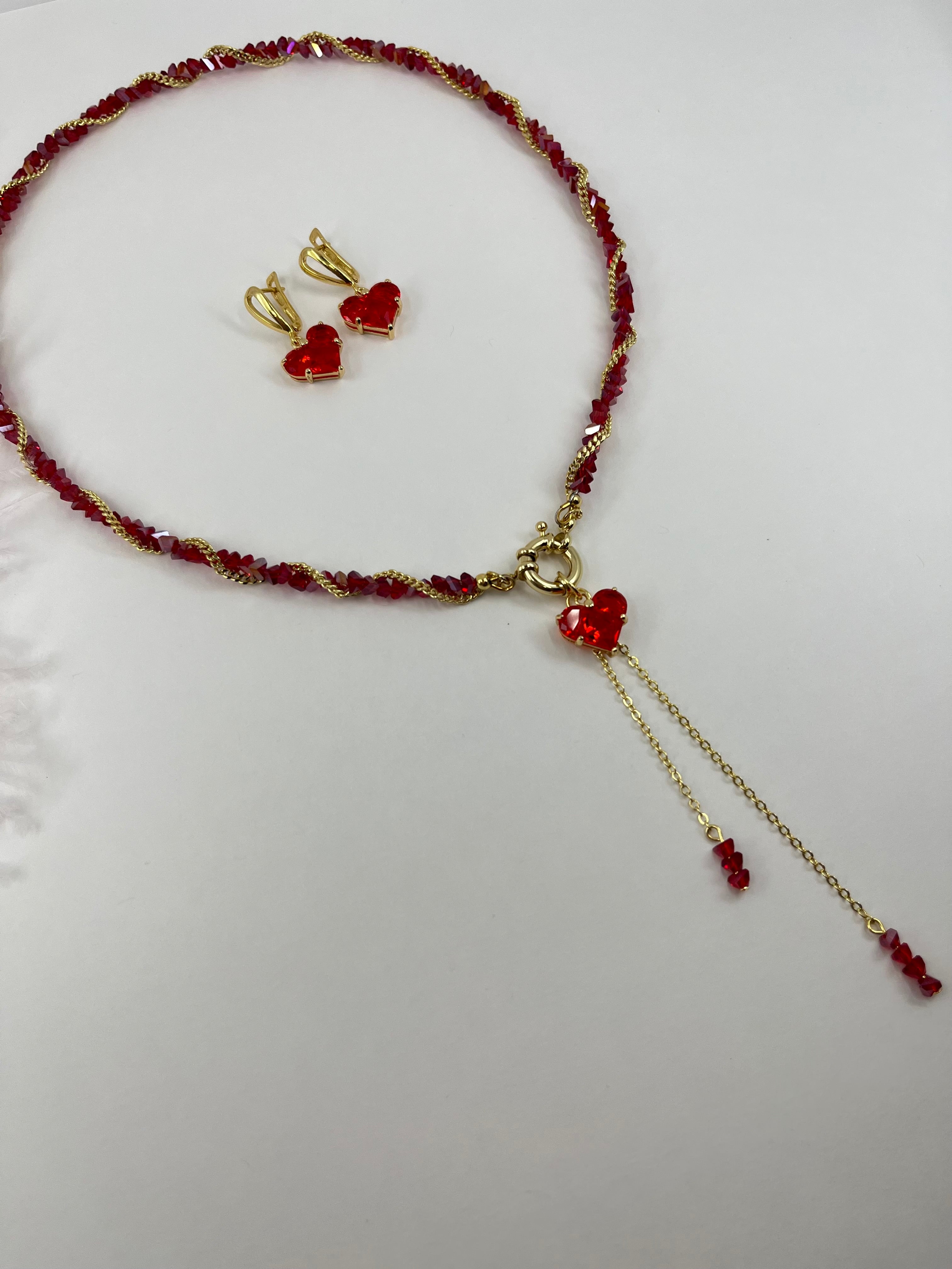 Set: Heart Red Crystal Y-Necklace and Earrings – 18K Gold Plated, Cubic Zirconia