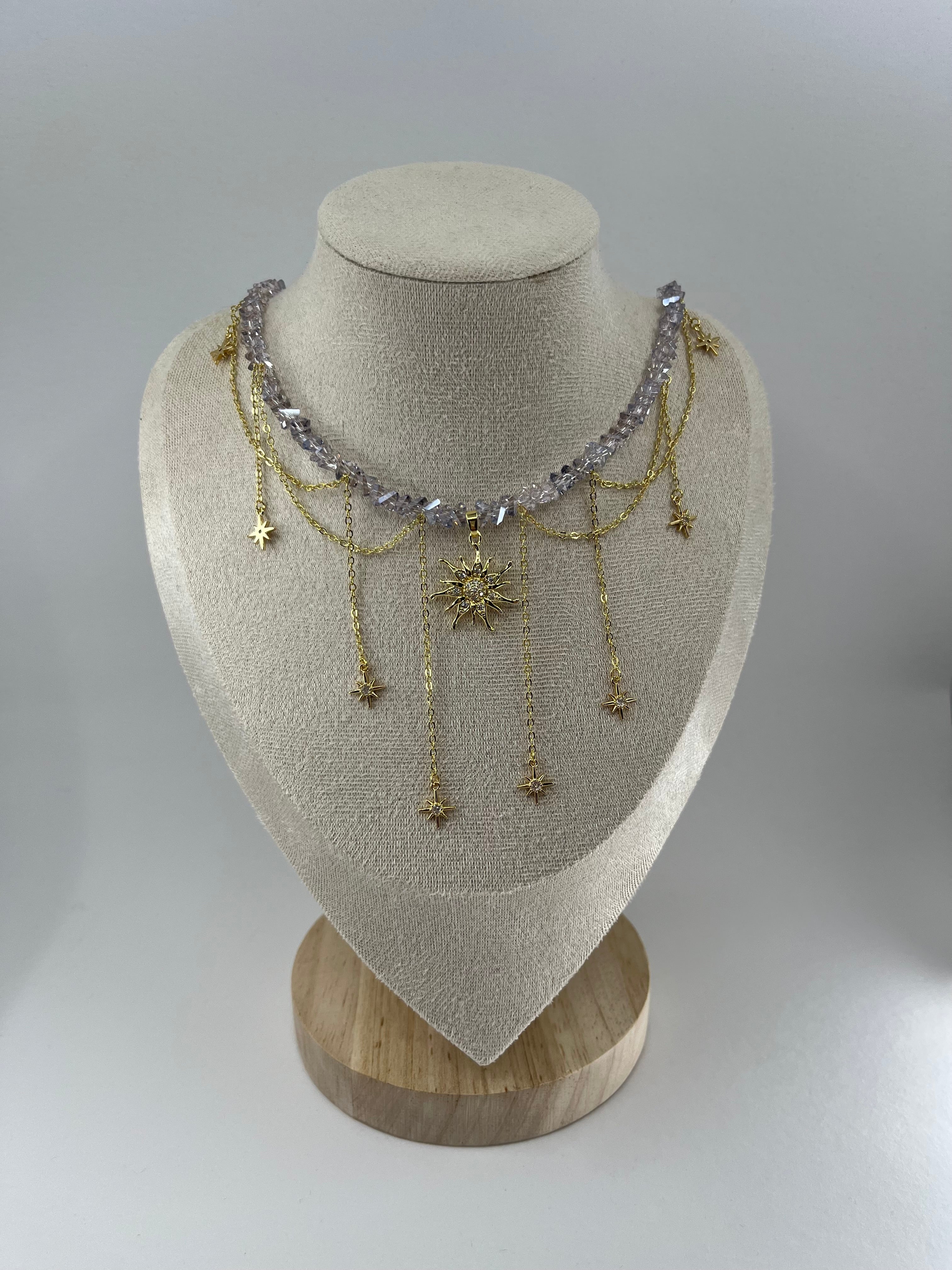 Handmade Crystal Sun & Star Necklace, 18K Gold Plated