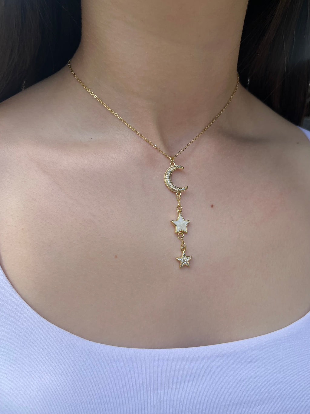 Zirconia Star and Moon Choker Necklace, Real 18K Gold Plated