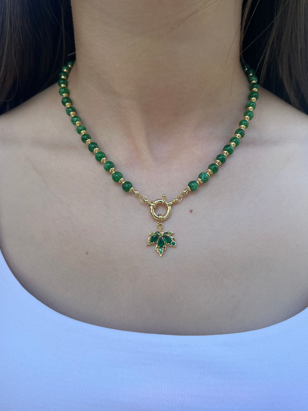 Natural Malaysia Jade Necklace with 18K Gold maple leaf pendant