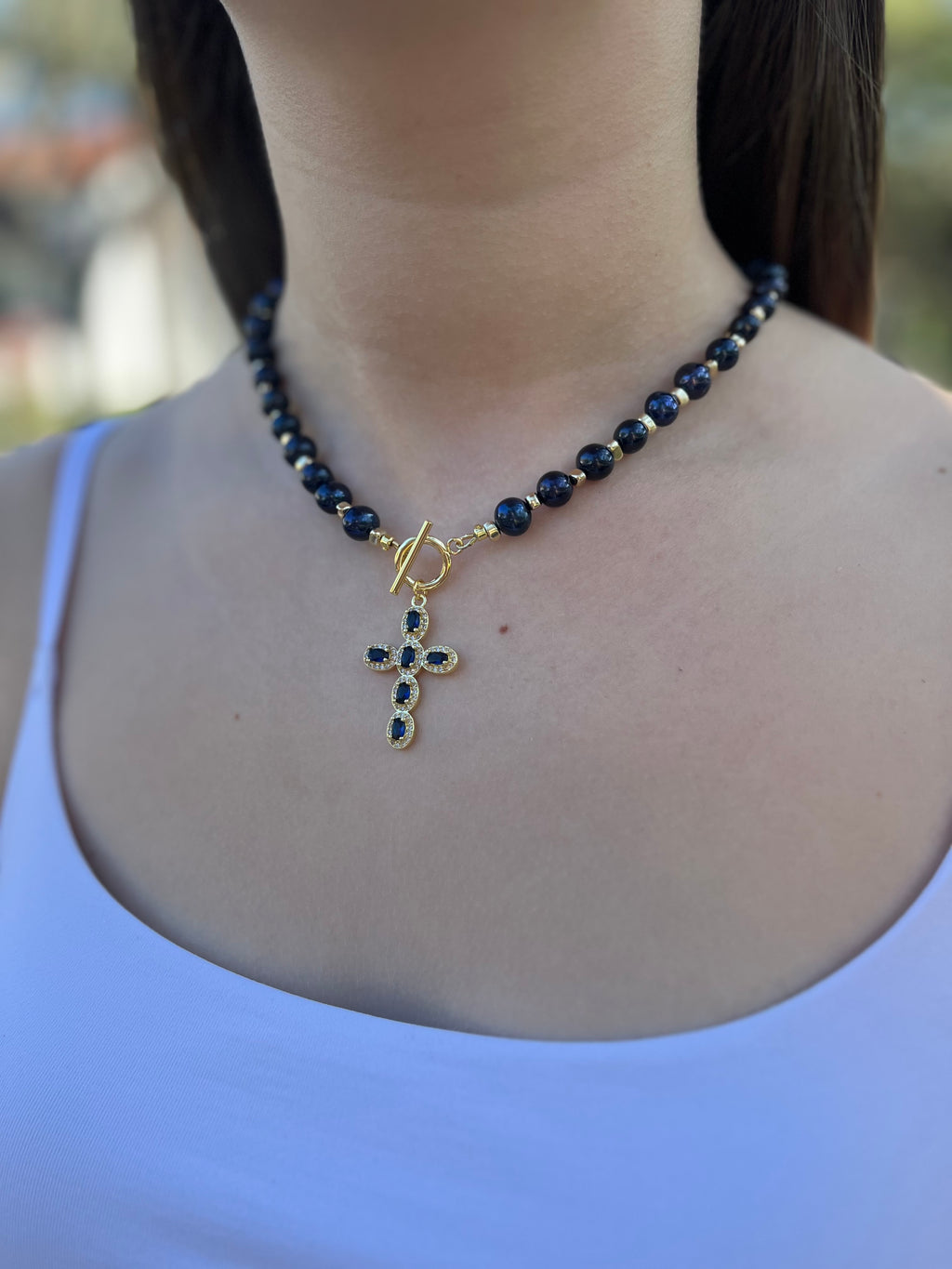 Blue Pearl Choker Necklace with Cross pendant: 18K Gold Plated