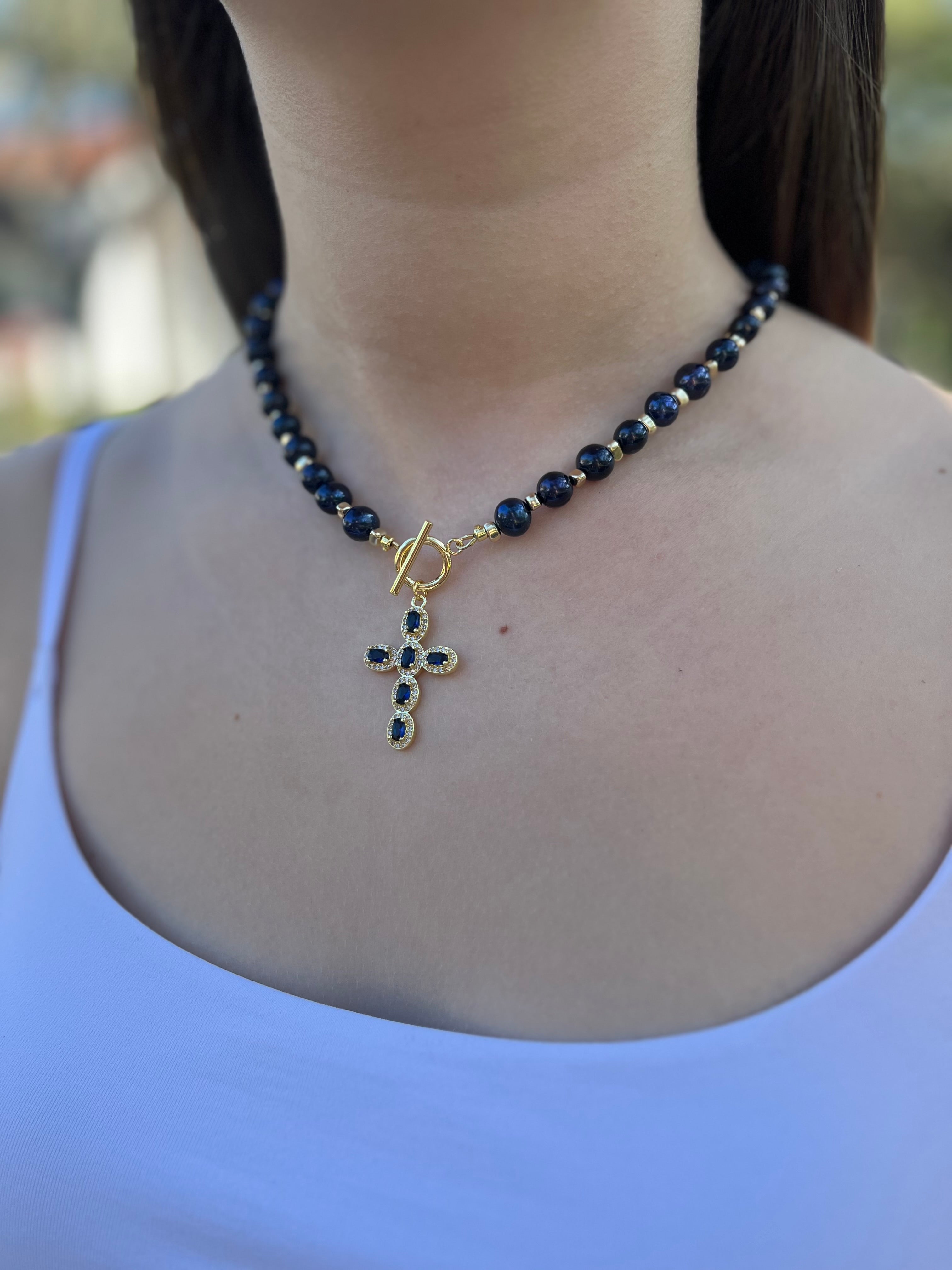Blue Pearl Choker Necklace with Cross pendant: 18K Gold Plated