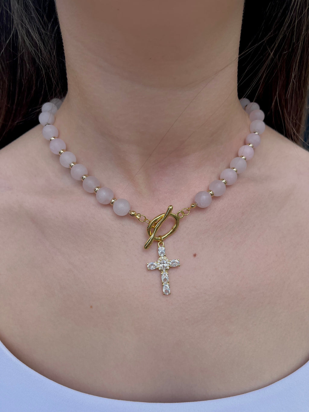 Set: Rose Quartz Cross Necklace and Earrings, 18k gold plated
