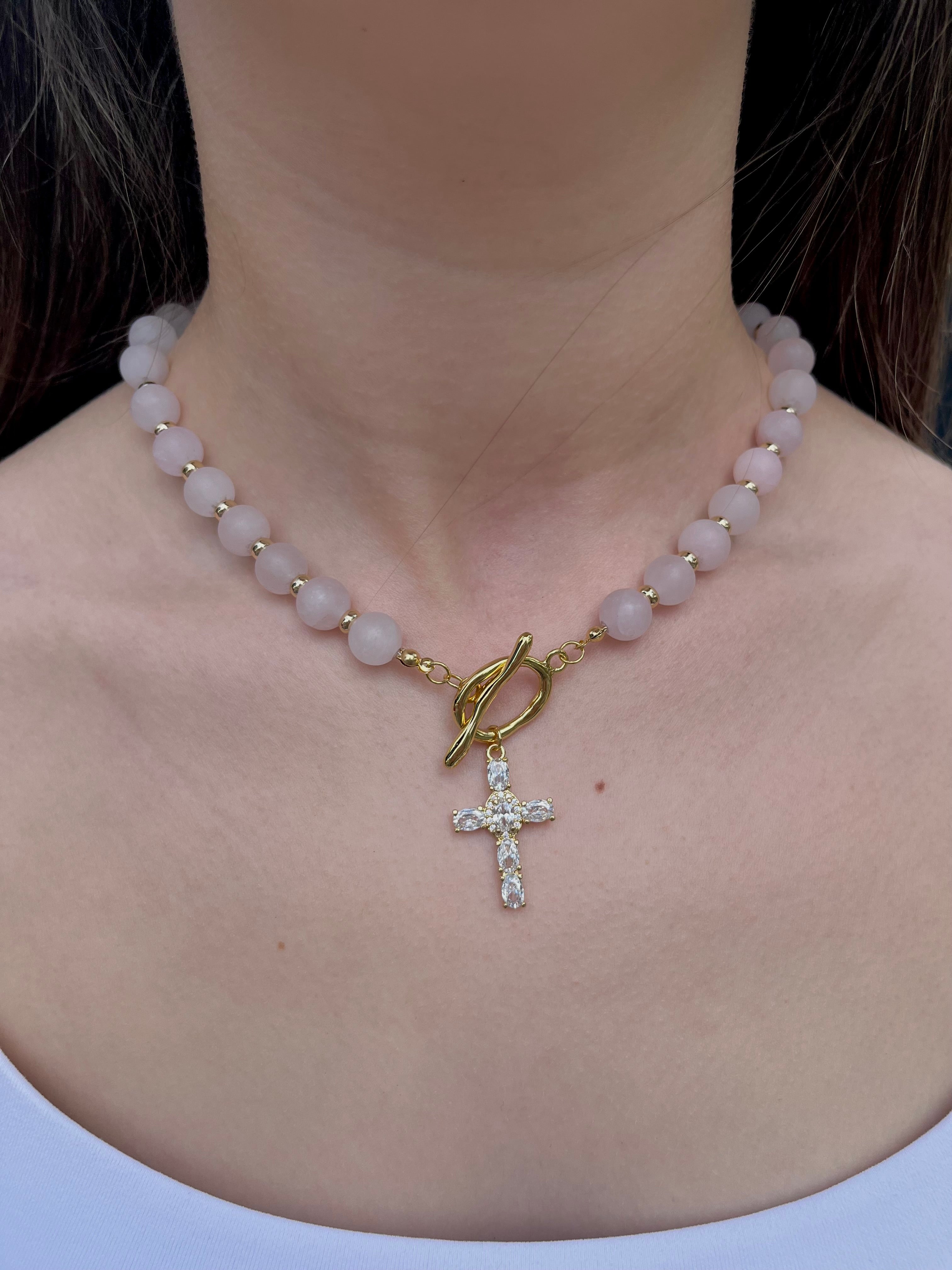 Set: Rose Quartz Cross Necklace and Earrings, 18k gold plated