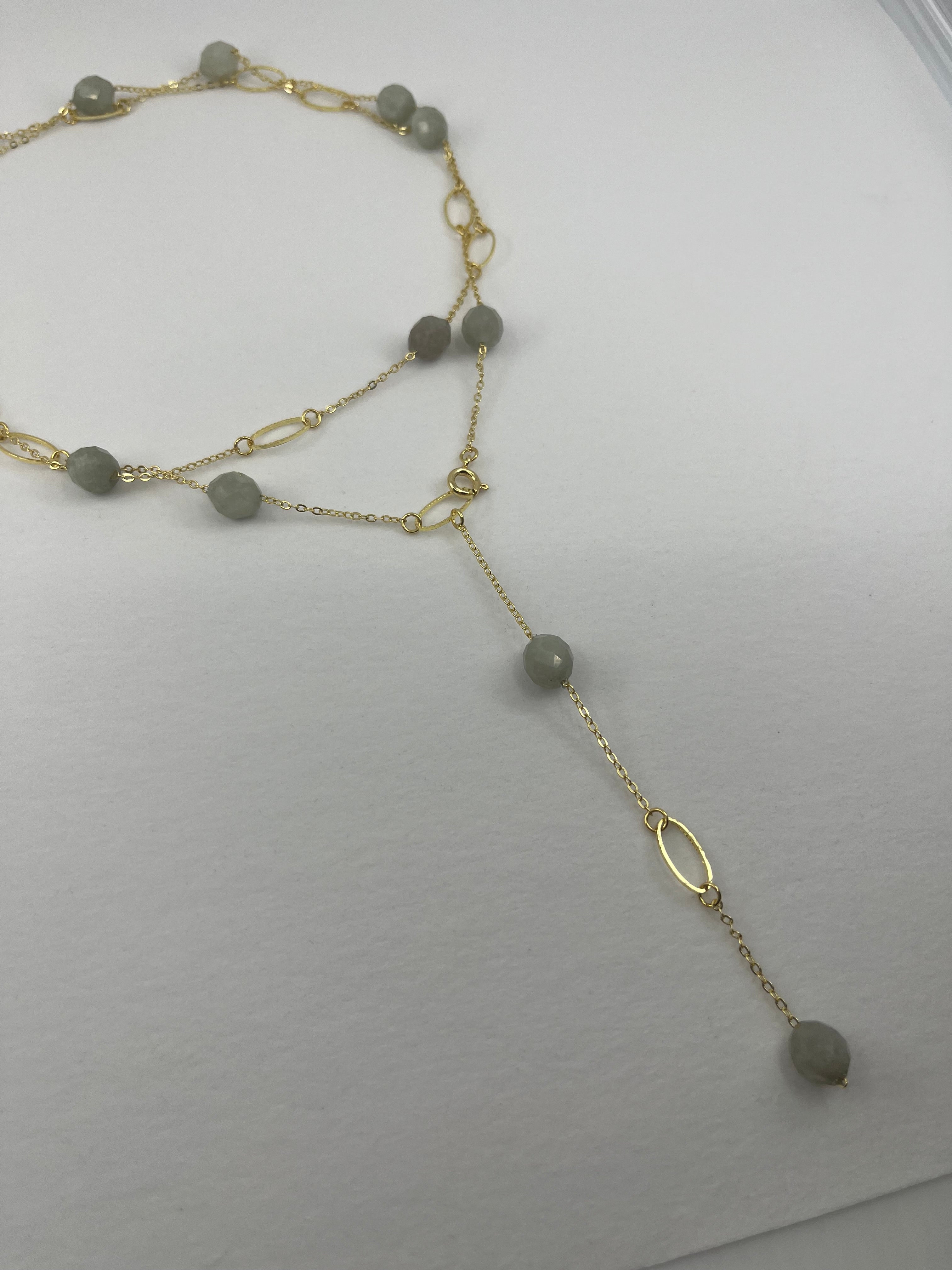Layered Long Natural Malaysia Jade Necklace with 18K Gold chain