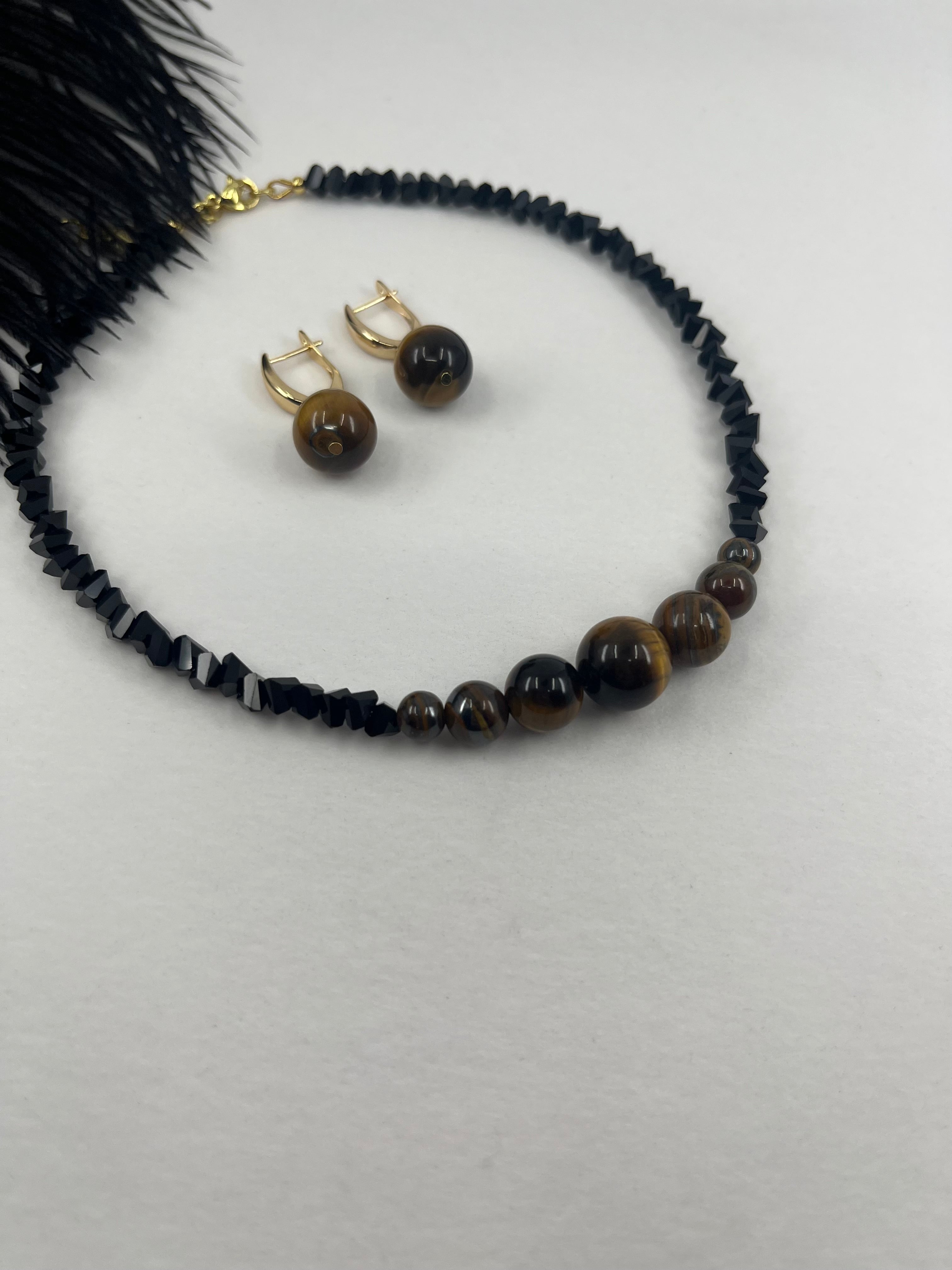 Set: Black Crystal Choker Necklace with Tiger Eye and earrings