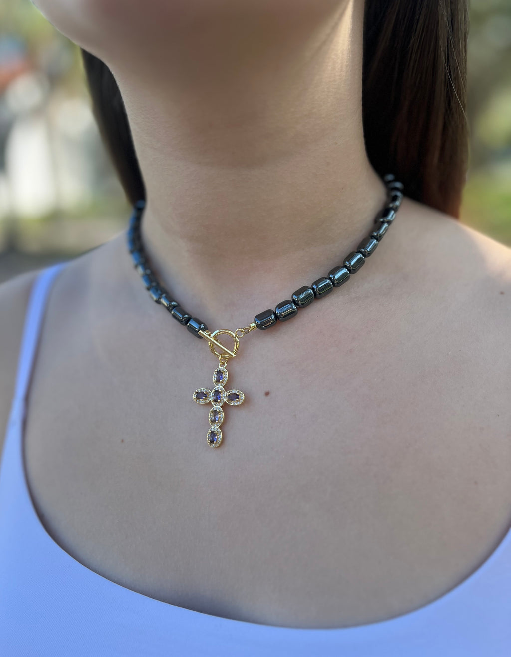 Hematite Choker Necklace with Cross pendant: 18K Gold Plated