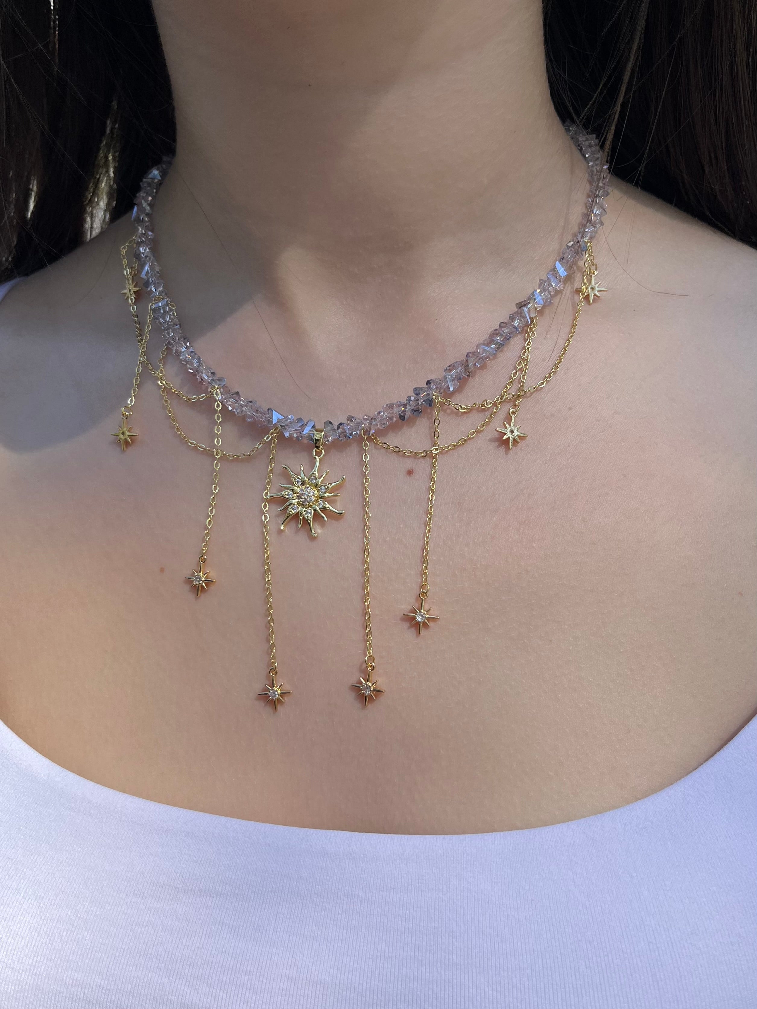 Handmade Crystal Sun & Star Necklace, 18K Gold Plated