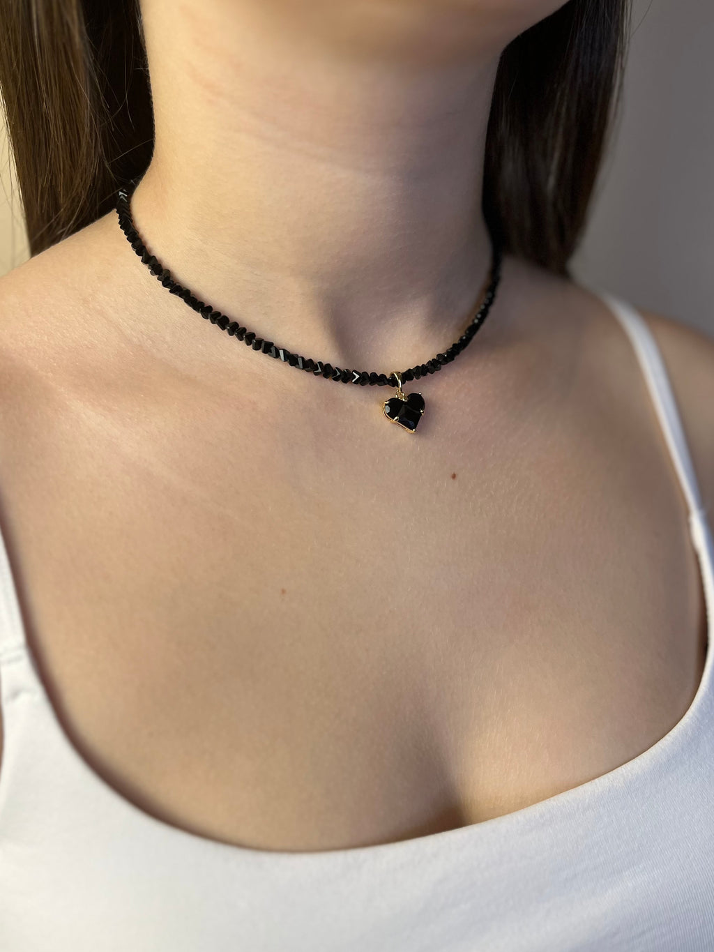 Set: Heart Black Crystal Choker Necklace and Earrings – 18K Gold Plated, Cubic Zirconia, Nickel Free