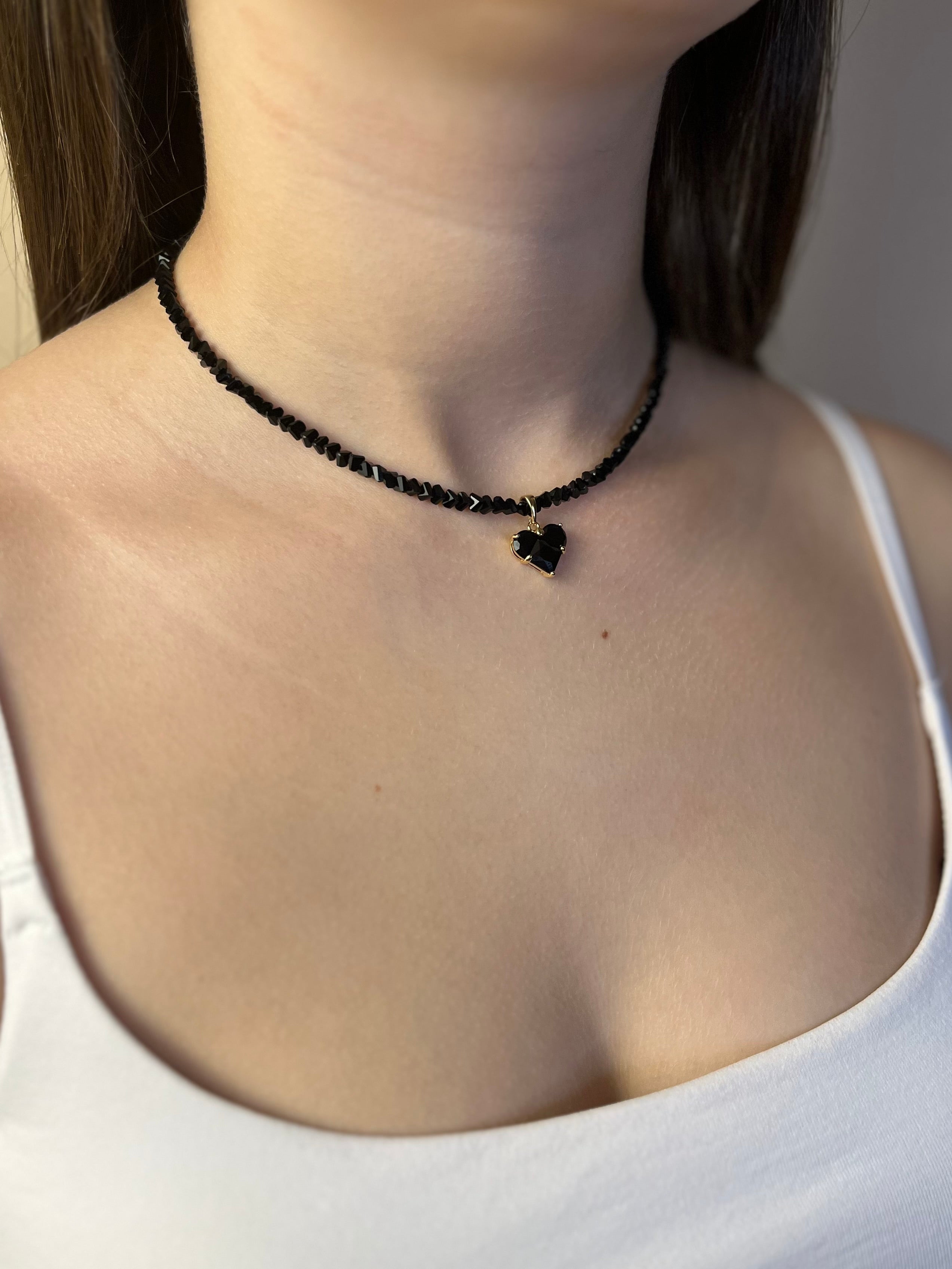 Set: Heart Black Crystal Choker Necklace and Earrings – 18K Gold Plated, Cubic Zirconia, Nickel Free
