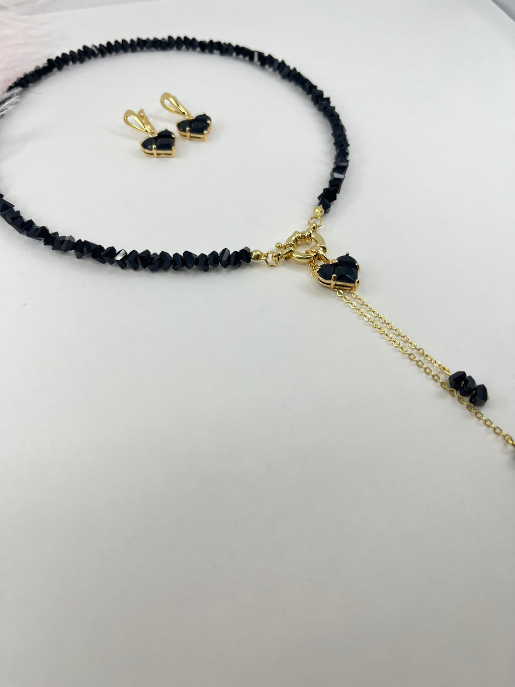 Set: Heart Black Crystal Y-Necklace and Earrings – 18K Gold Plated, Cubic Zirconia
