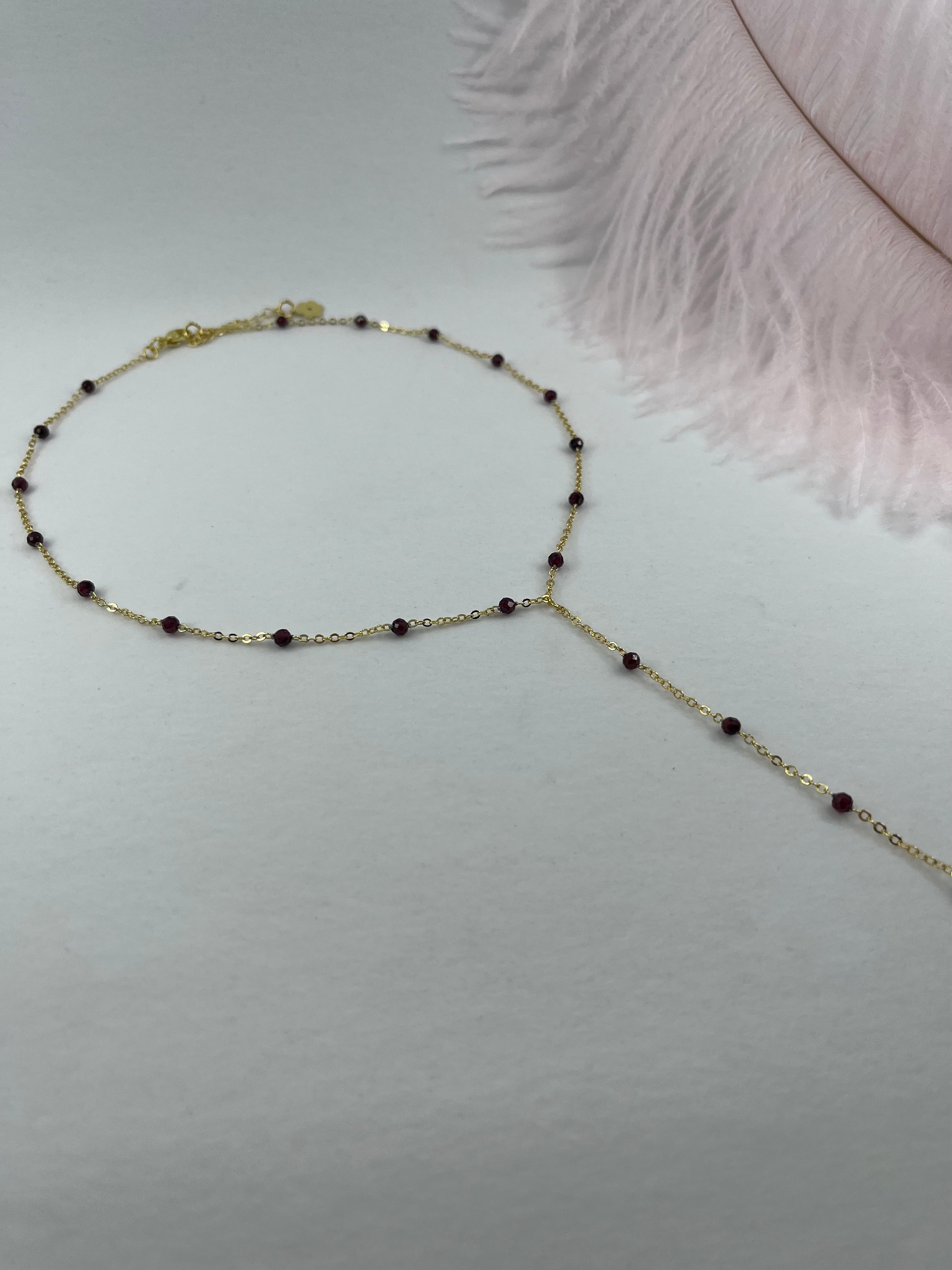 Lariat Garnet necklace , 18K gold plated