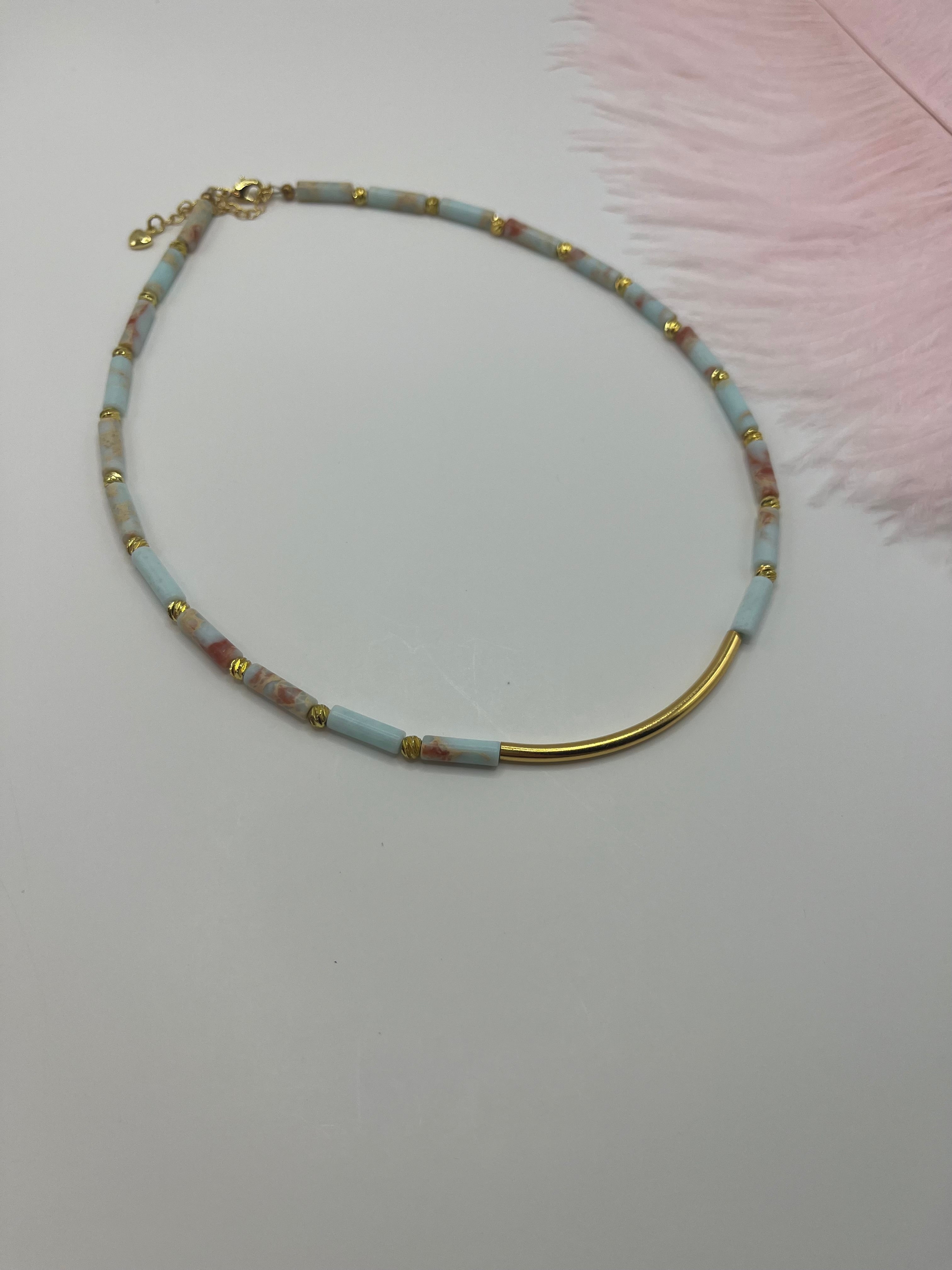 Imperial Jasper Choker: Light Blue, Turquoise, Purple - 14K Gold Plated