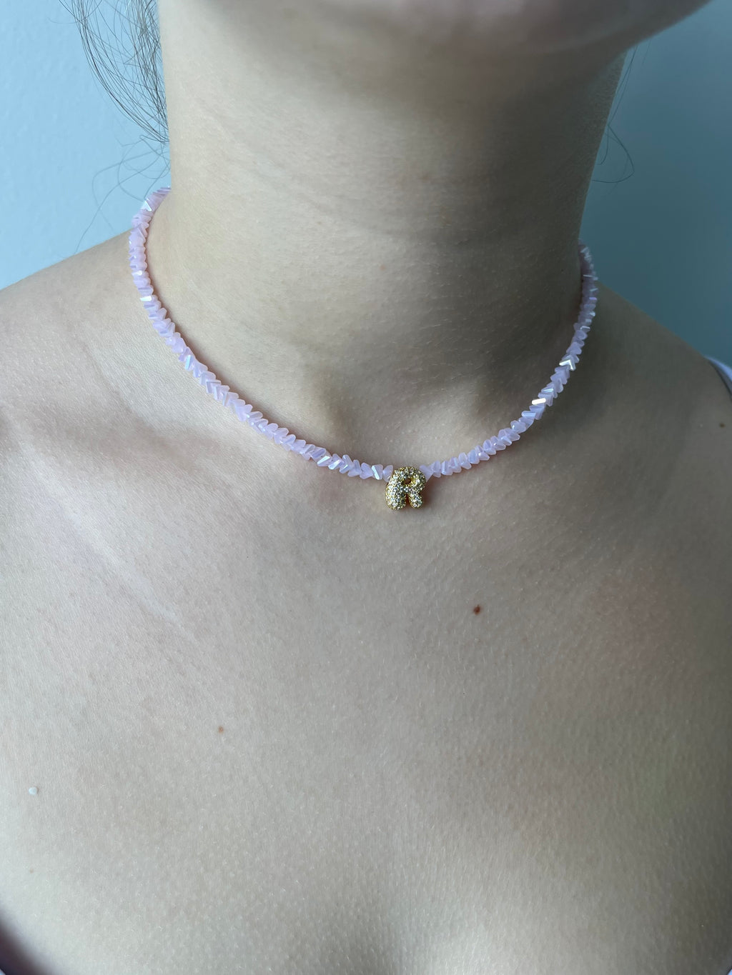 Initial Charm Pink Crystal Necklace – 18K Gold Plated, Cubic Zirconia