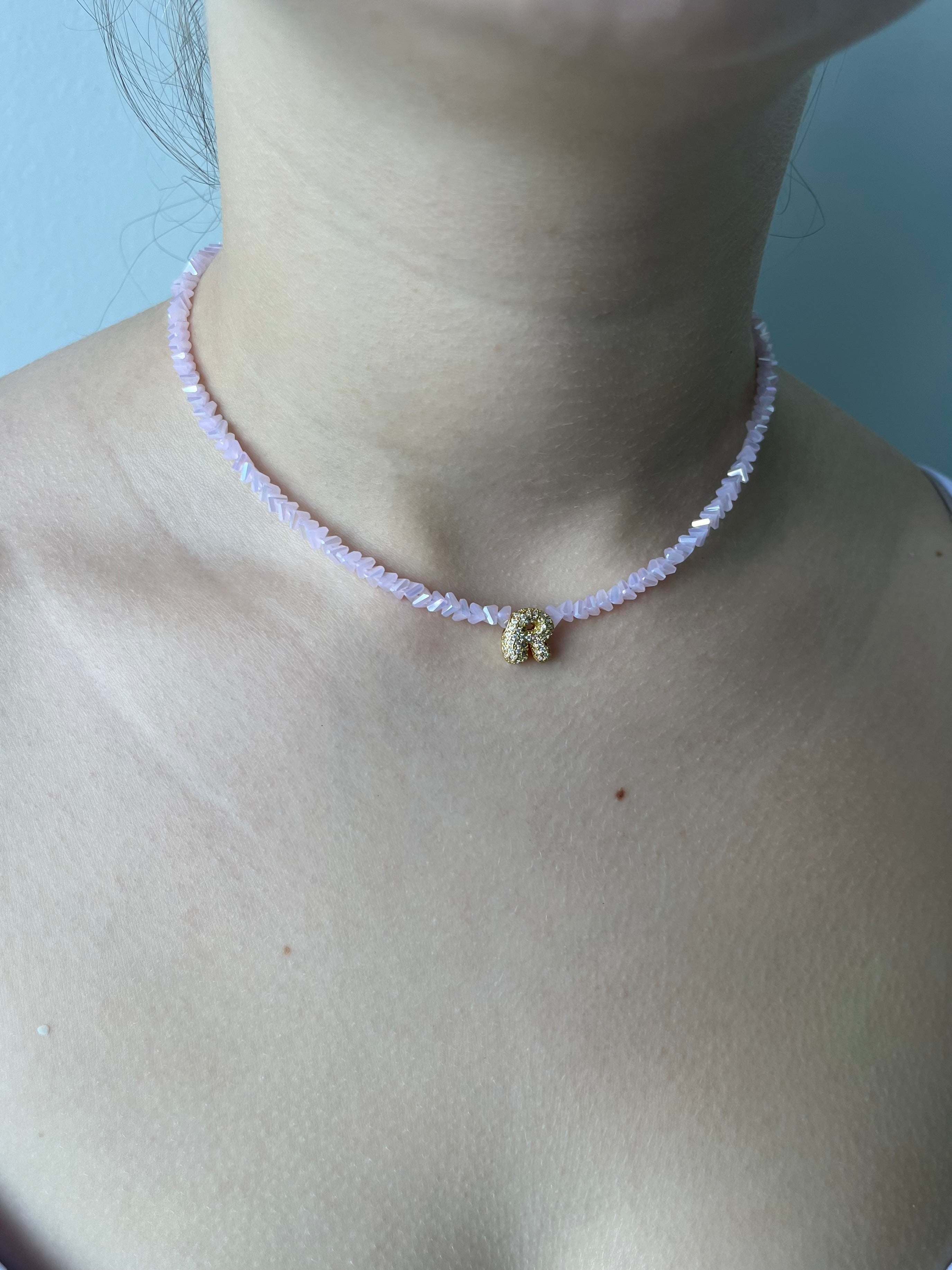 Initial Charm Pink Crystal Necklace – 18K Gold Plated, Cubic Zirconia