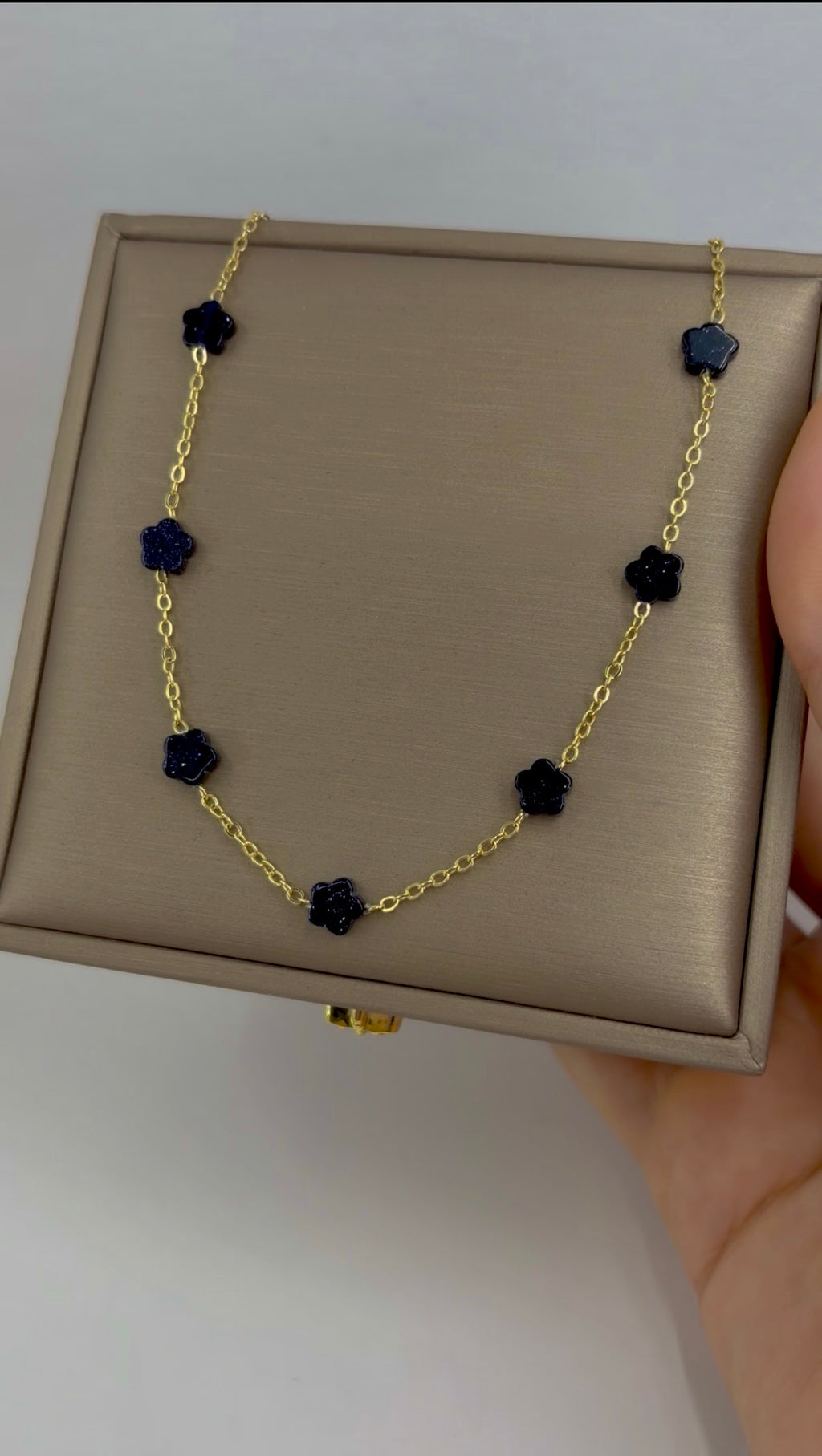Black Blue Goldstone Flower Necklace: 18K Gold Plated