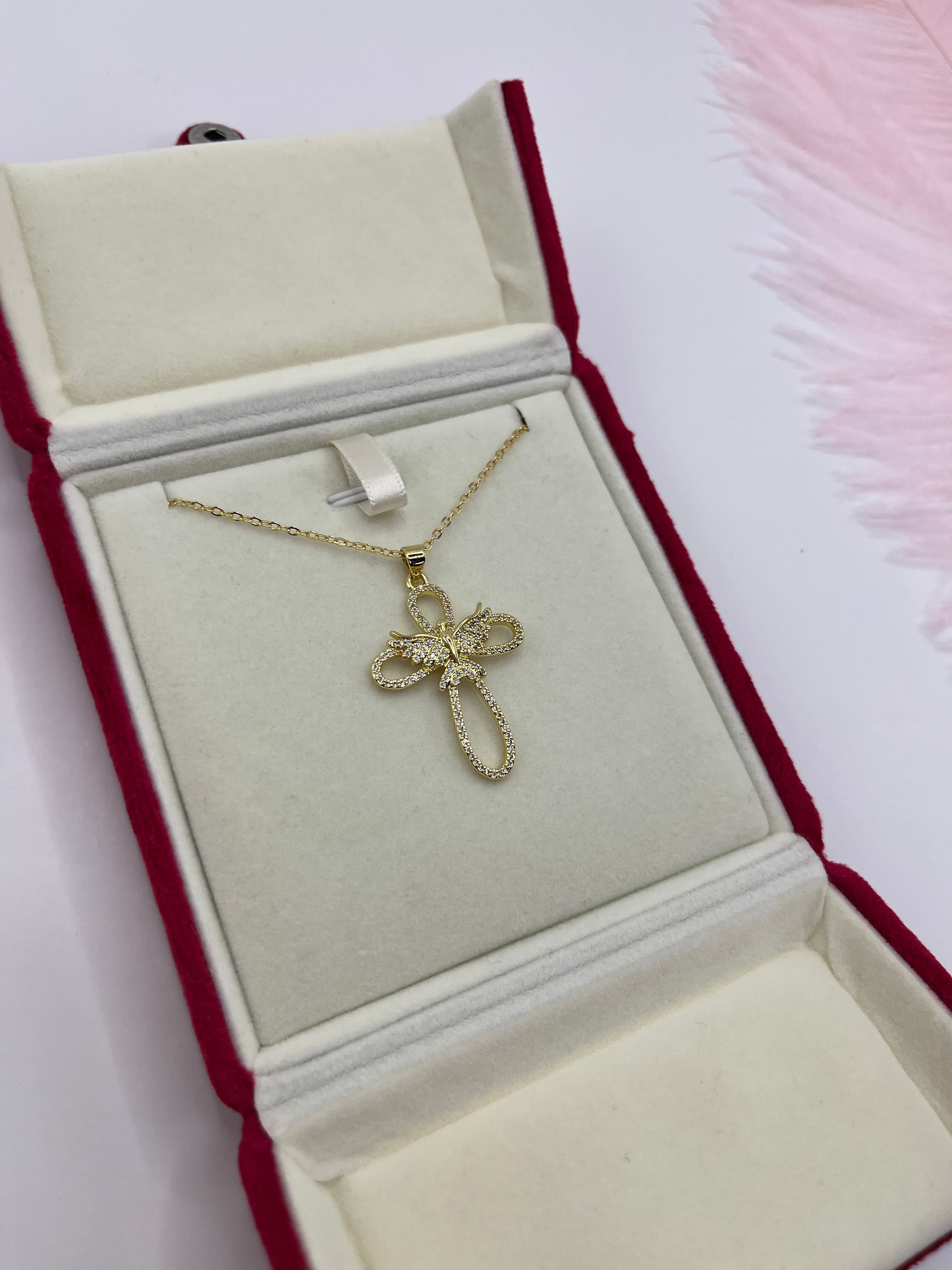 Cross with bird Necklace, Real 18K Gold Plated