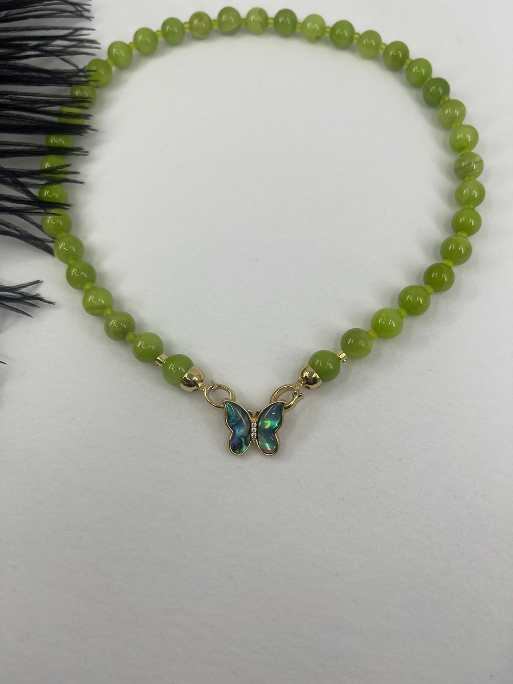 Natural Light Green Jade Necklace with 18K Gold Butterfly Clasp
