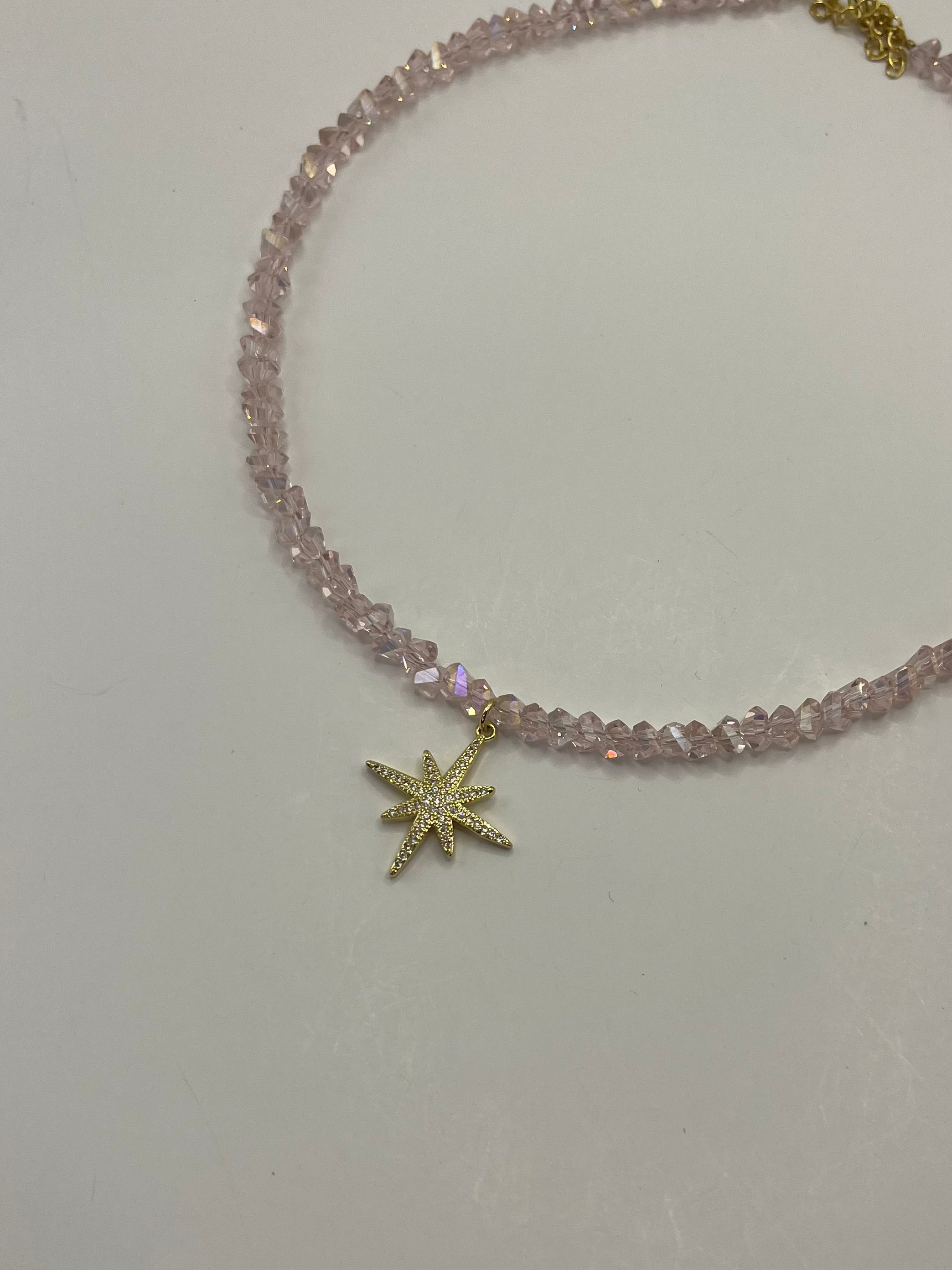 Crystal Glass Bead Choker: 18K Gold Star Pendant