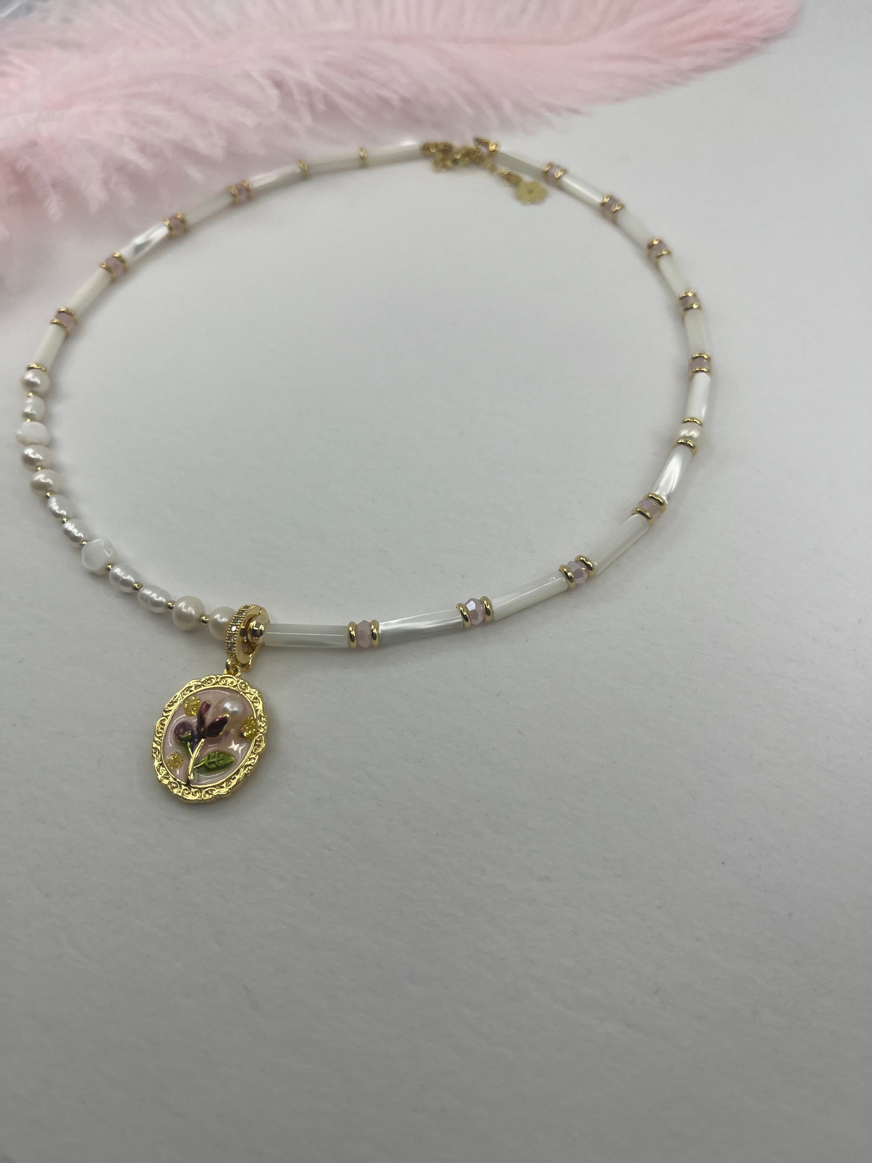 Natural Pearl and Trochus Shell Pendant Necklace, 18K Gold-Plated