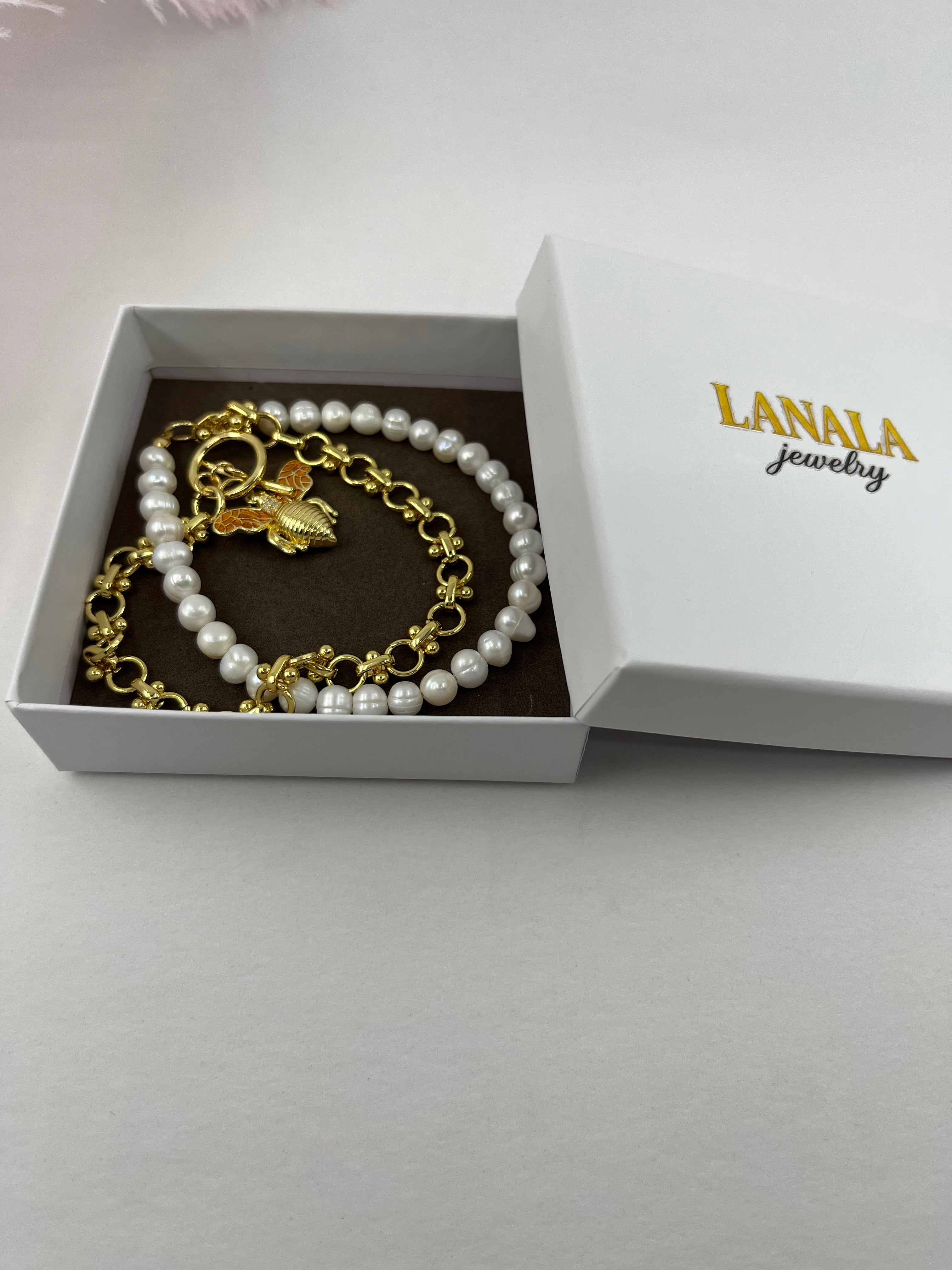 Asymmetrical Pearl Necklace with Bee Pendant, 18K Gold Plated Chain