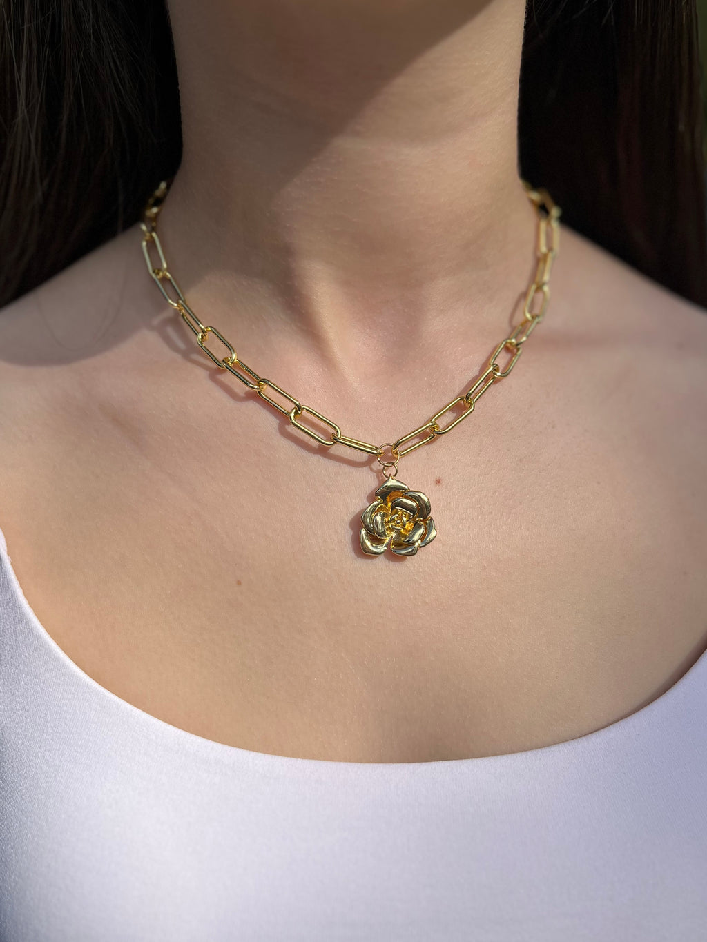 18K Gold Chunky Chain Necklace with rose