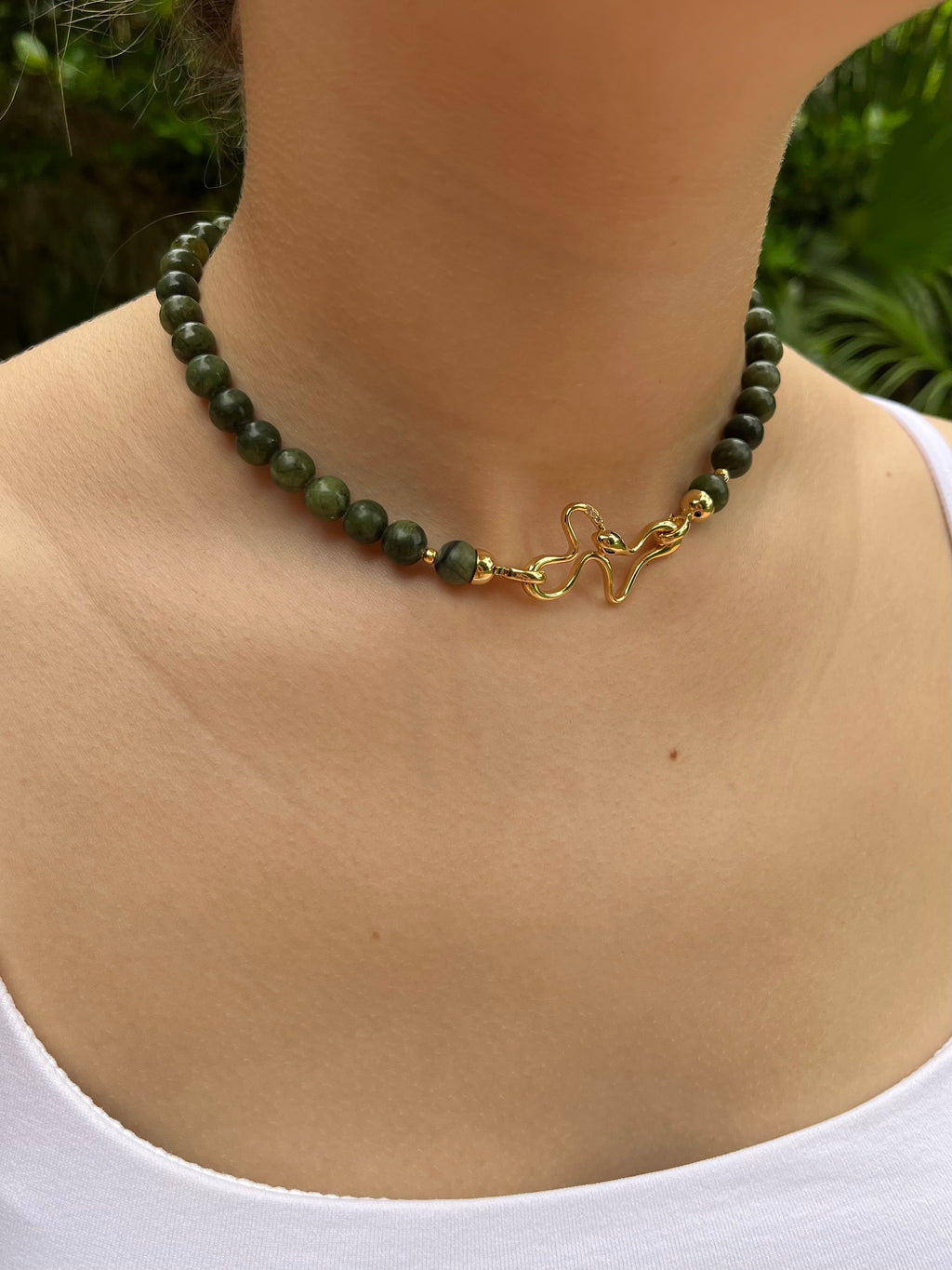 Natural Taiwan Jade Necklace with 18K Gold Snake Clasp