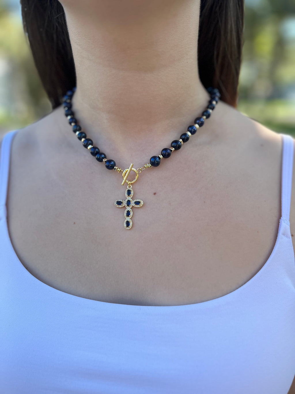 Blue Pearl Choker Necklace with Cross pendant: 18K Gold Plated