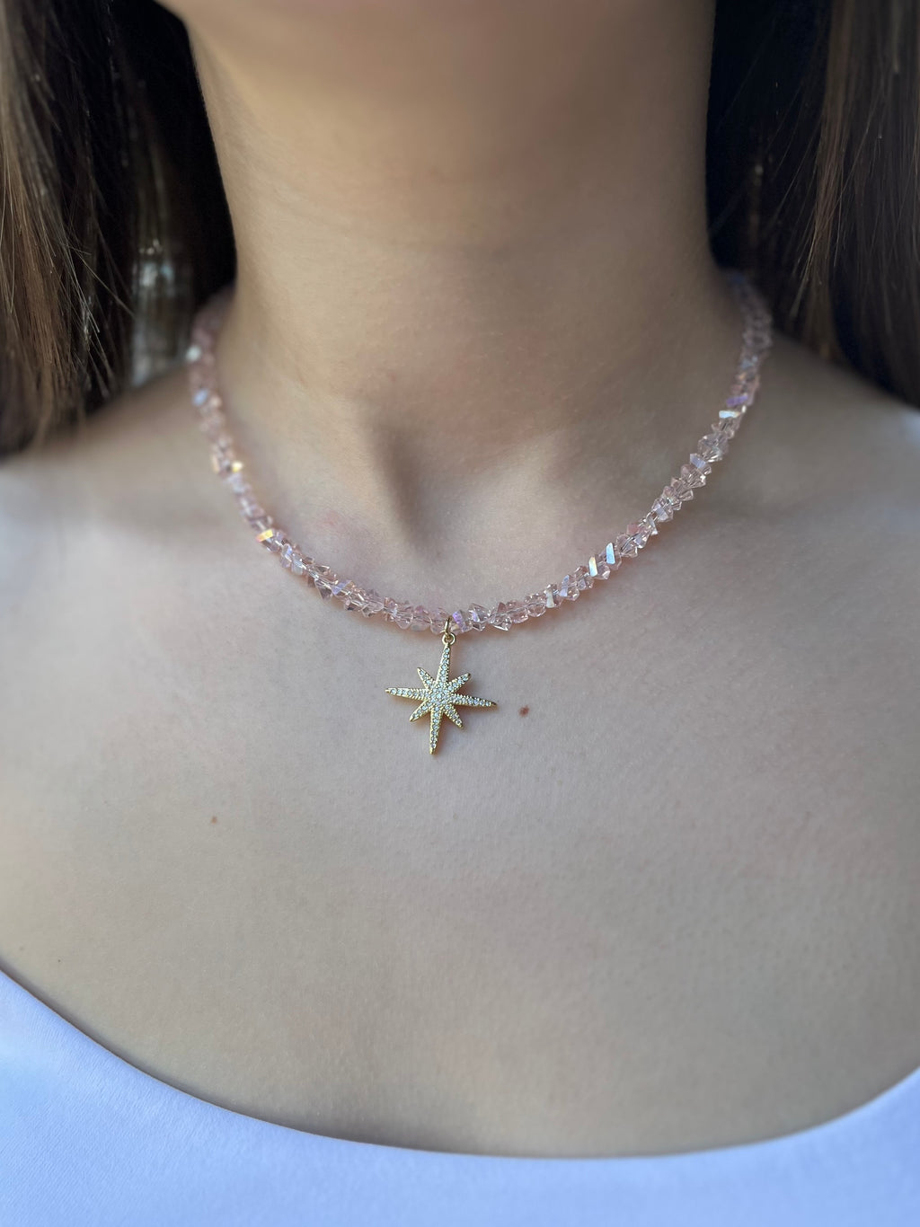 Crystal Glass Bead Choker: 18K Gold Star Pendant
