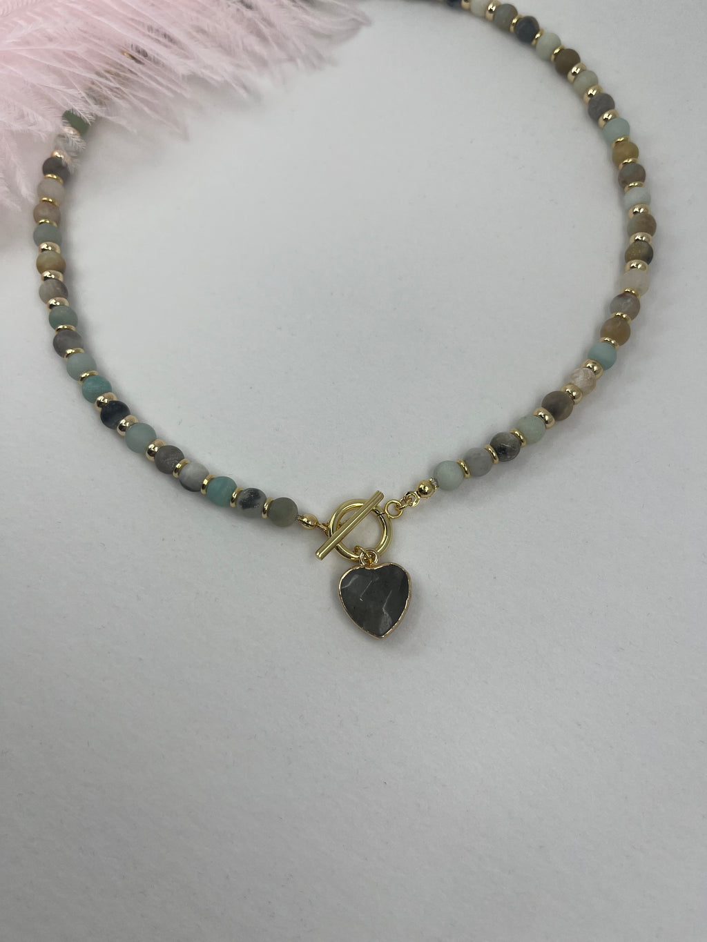Natural Amazonite Heart Necklace, 18k gold plated clasp