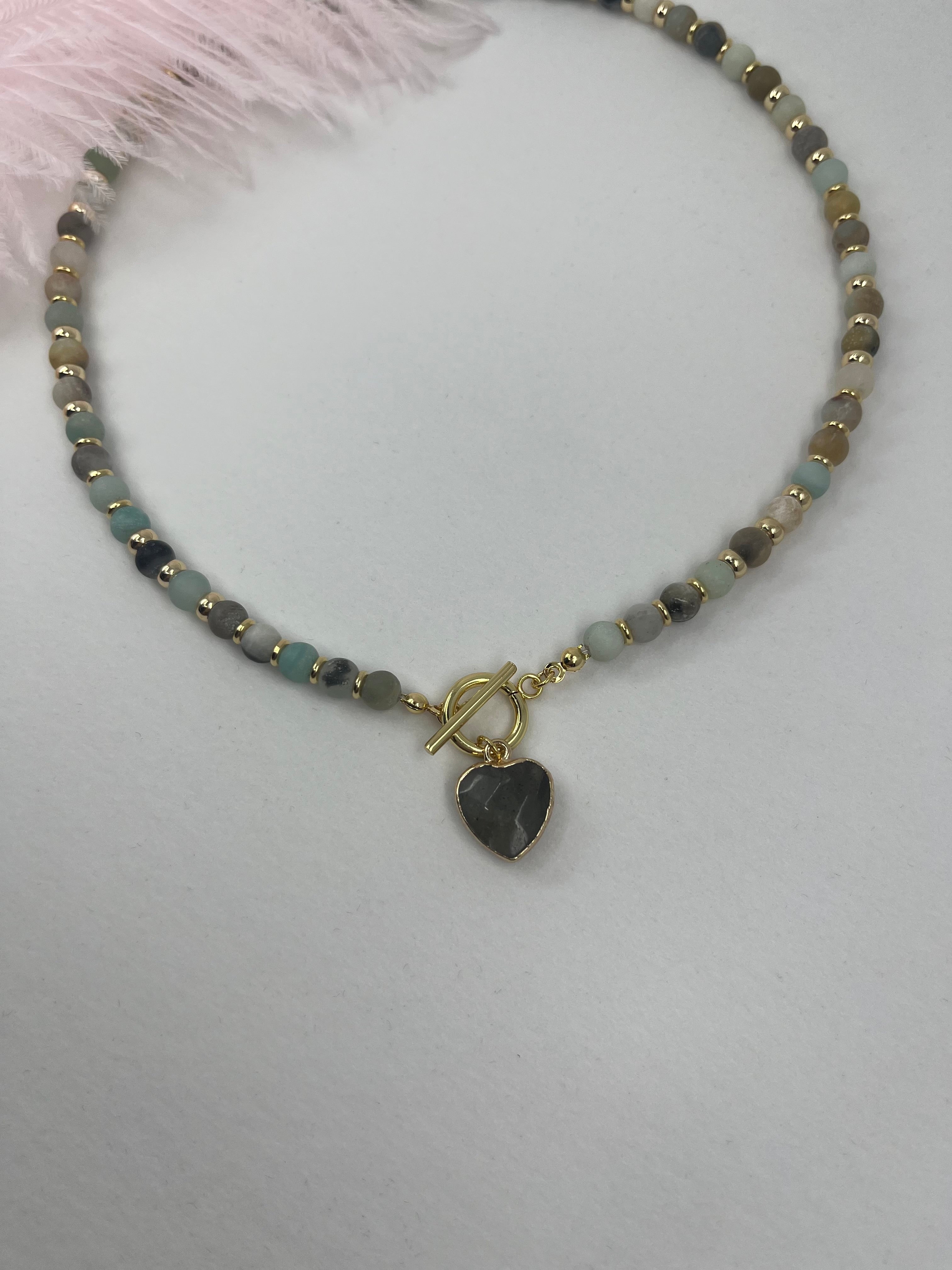 Natural Amazonite Heart Necklace, 18k gold plated clasp