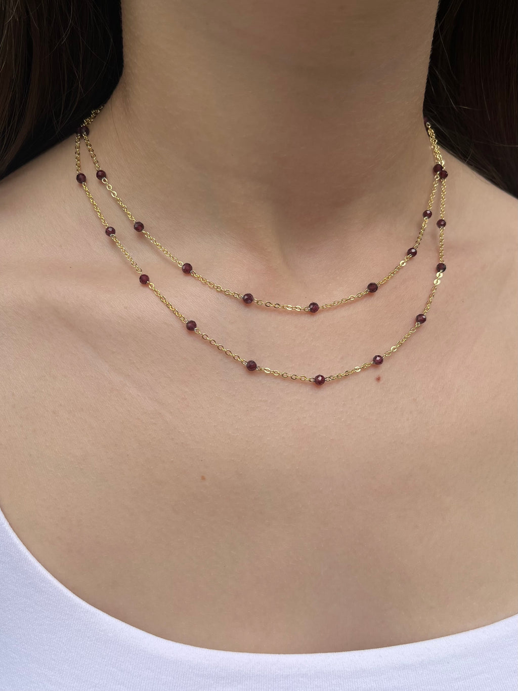 Layered Garnet necklace , 18K gold clasp
