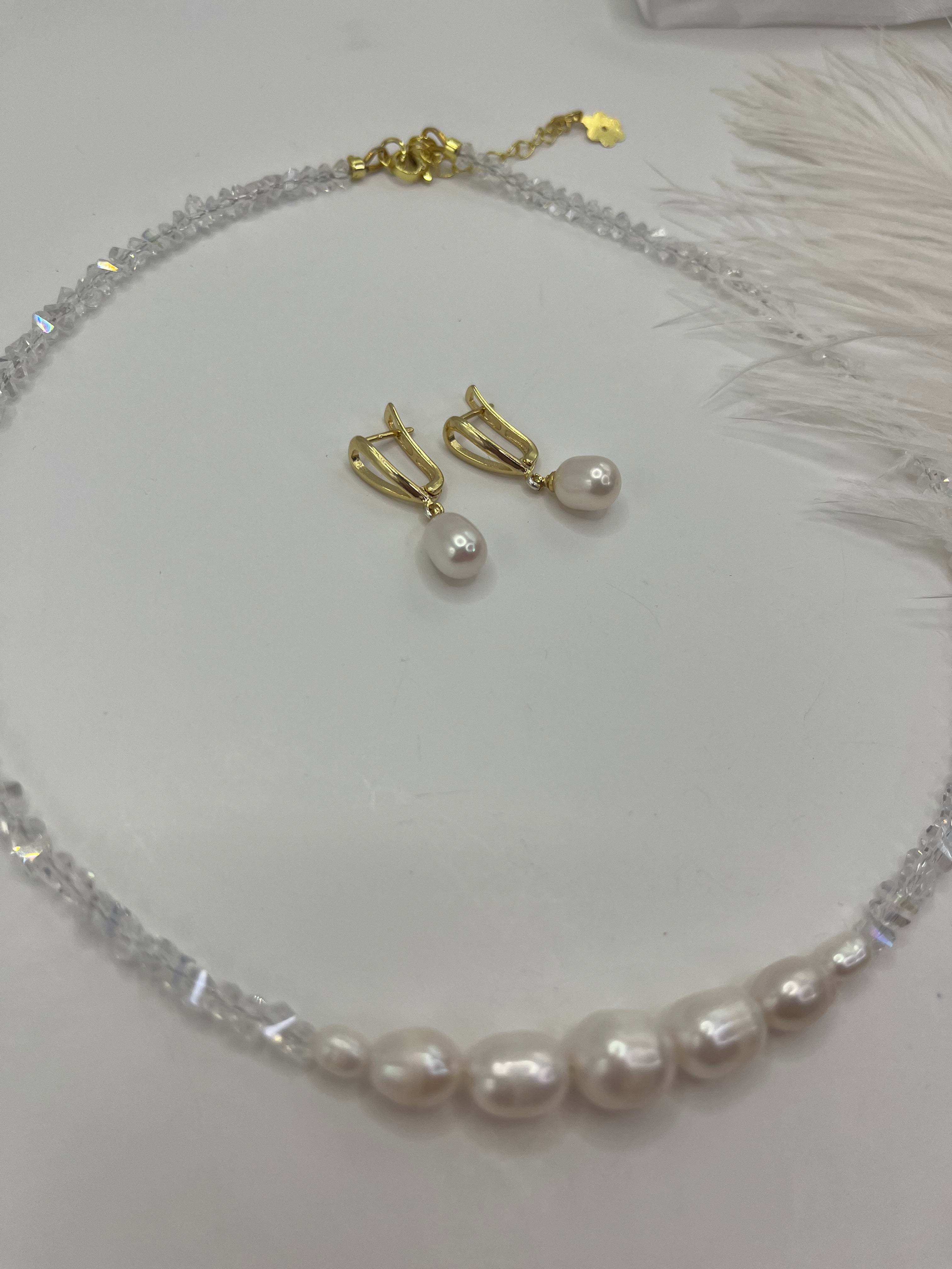 Pearl Choker Necklace with earrings : 18K Gold Plated