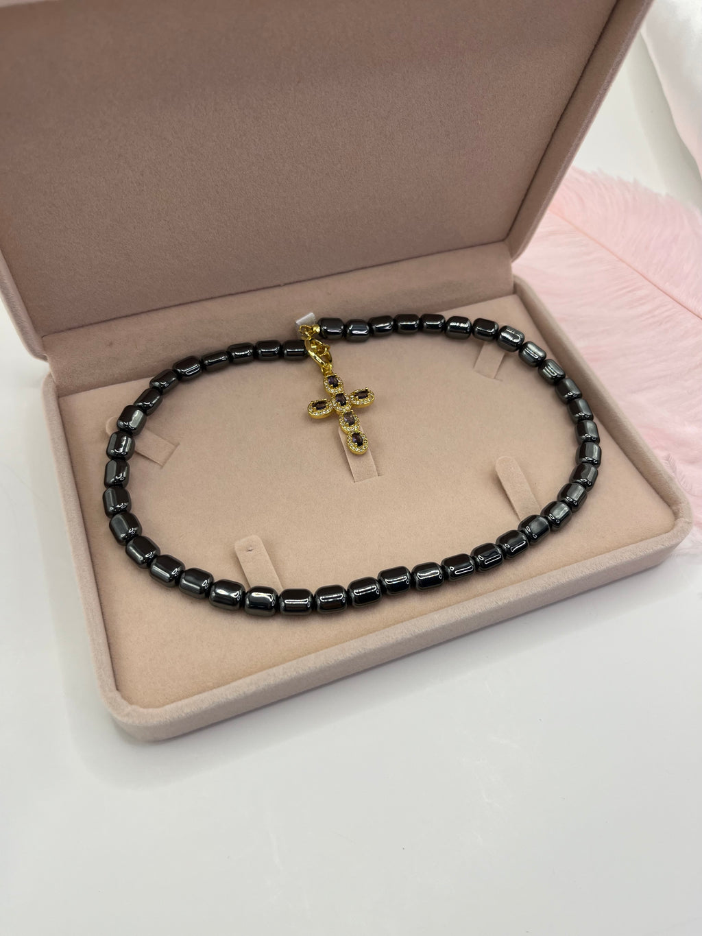 Hematite Choker Necklace with Cross pendant: 18K Gold Plated