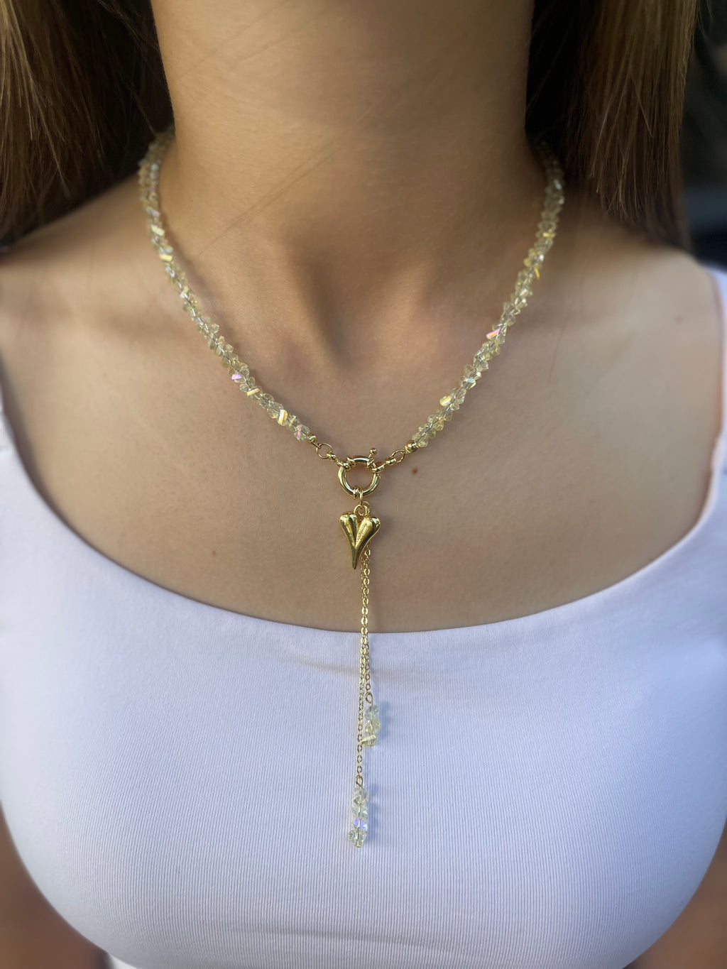 Set: Heart Crystal Y-Necklace and Earrings – 18K Gold Plated