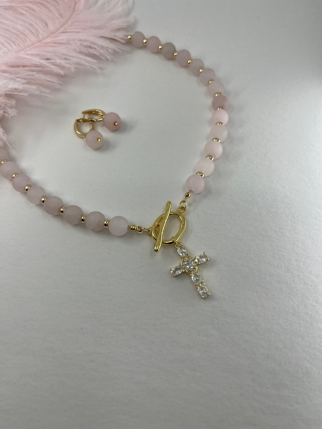 Set: Rose Quartz Cross Necklace and Earrings, 18k gold plated