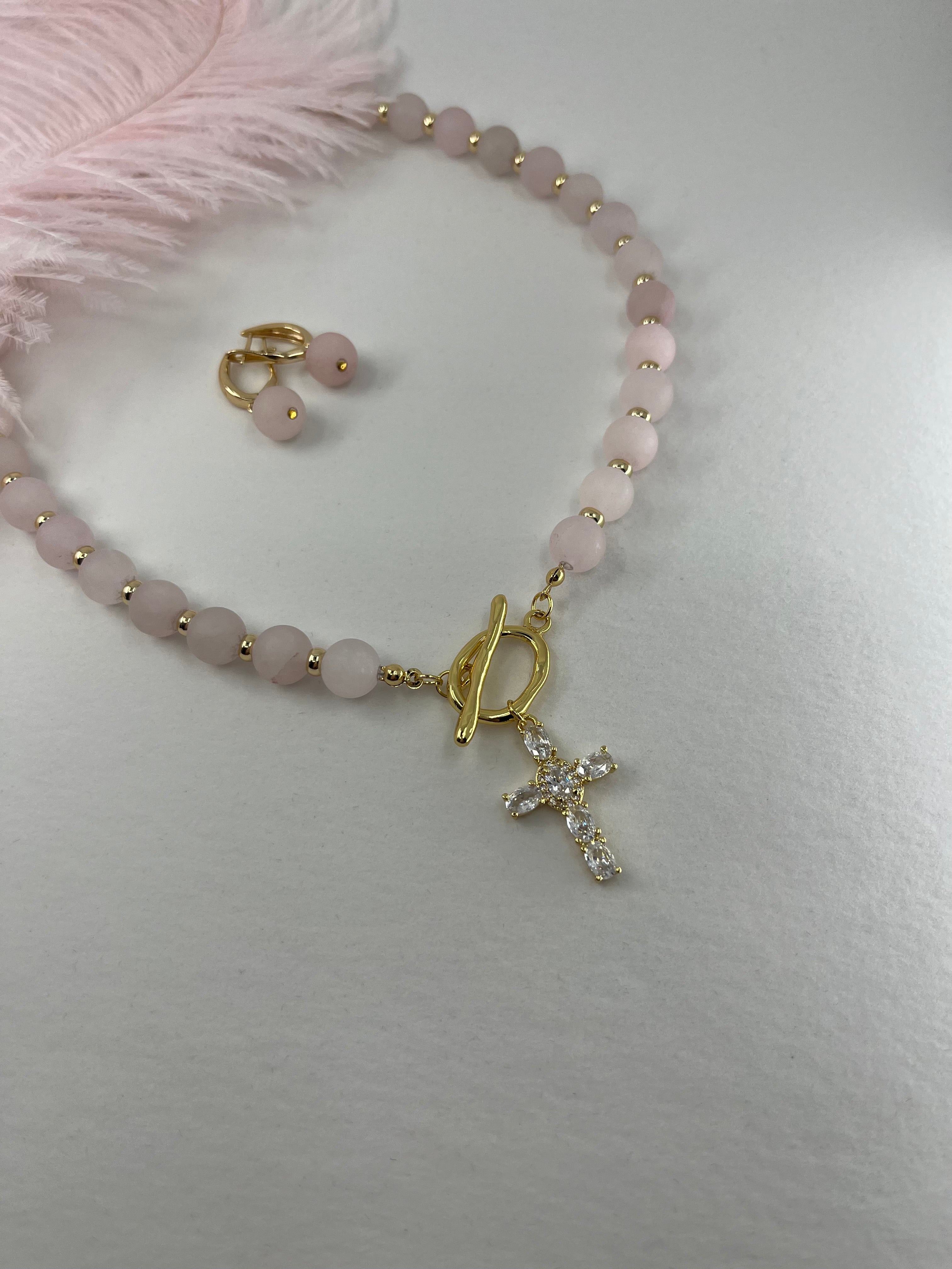 Set: Rose Quartz Cross Necklace and Earrings, 18k gold plated