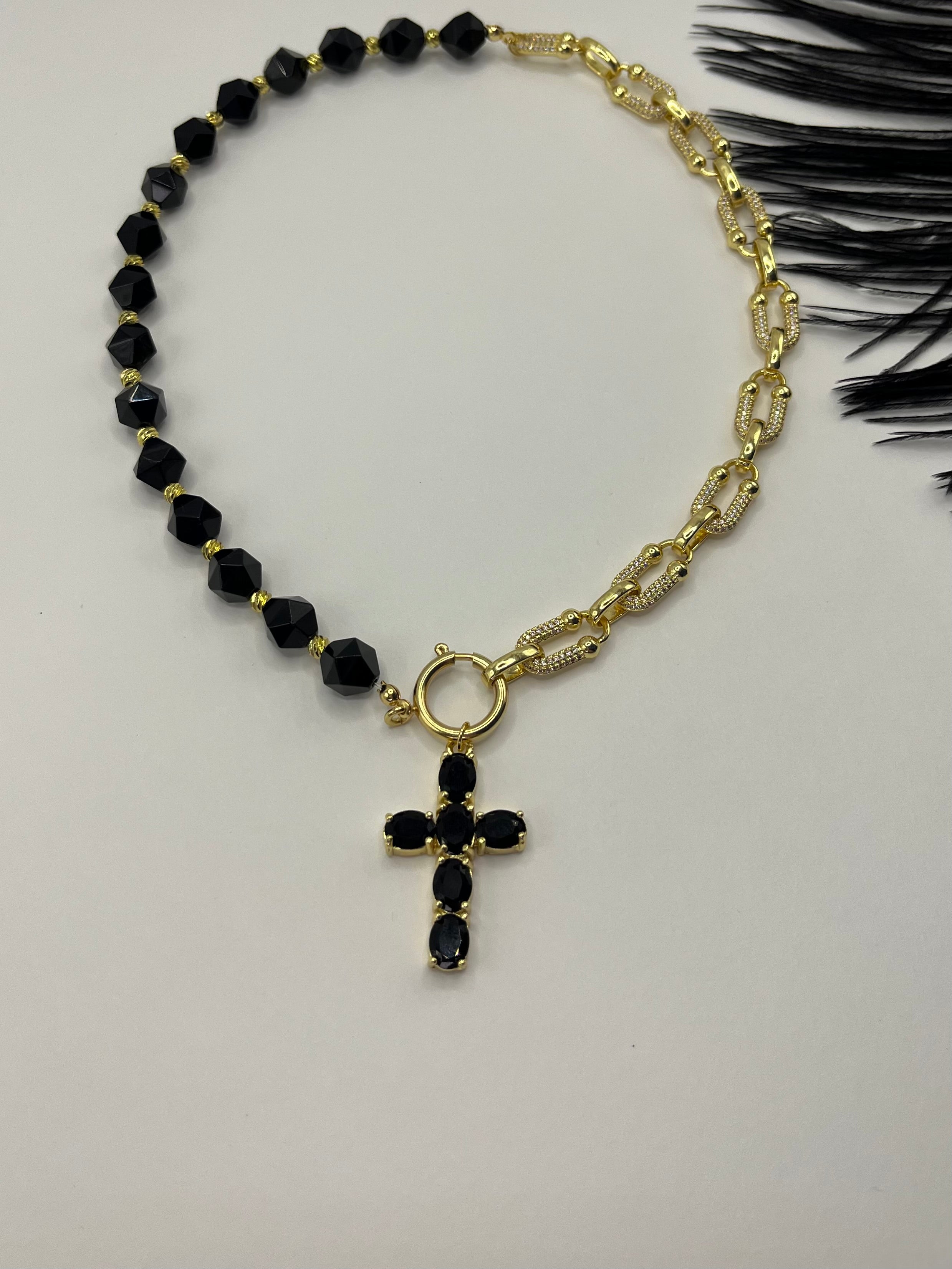 Asymmetrical Black Onyx Necklace– Cross 18K Gold Plated