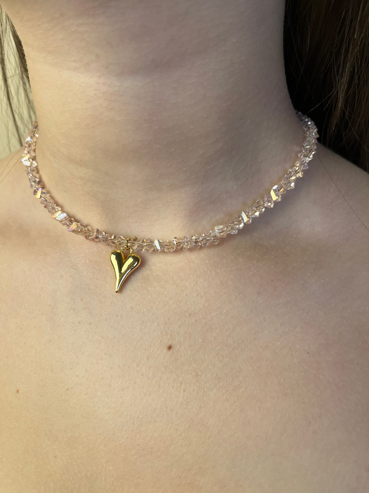 Crystal Glass Bead Choker: 18K Gold Heart Pendant