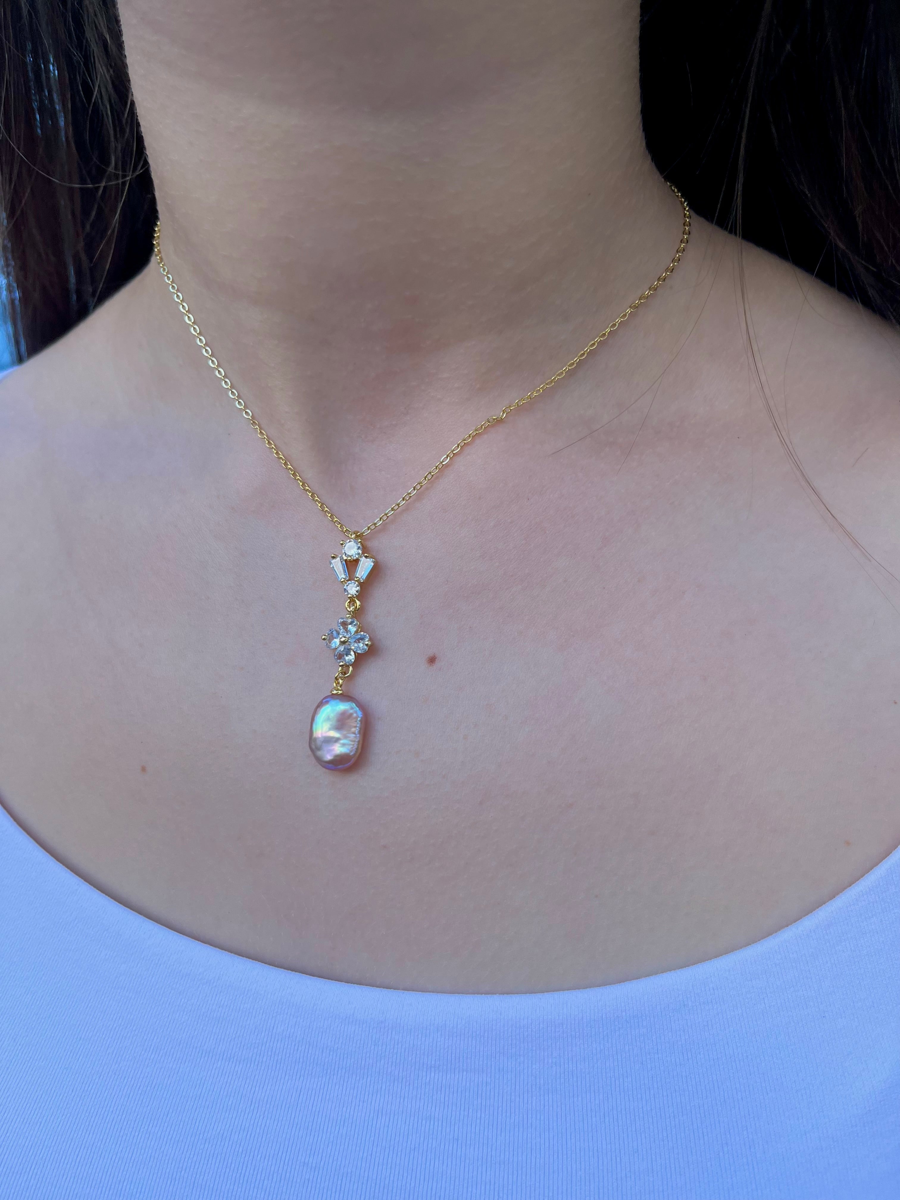 Baroque Pearl and zirconia Y-Necklace, 18k gold plated