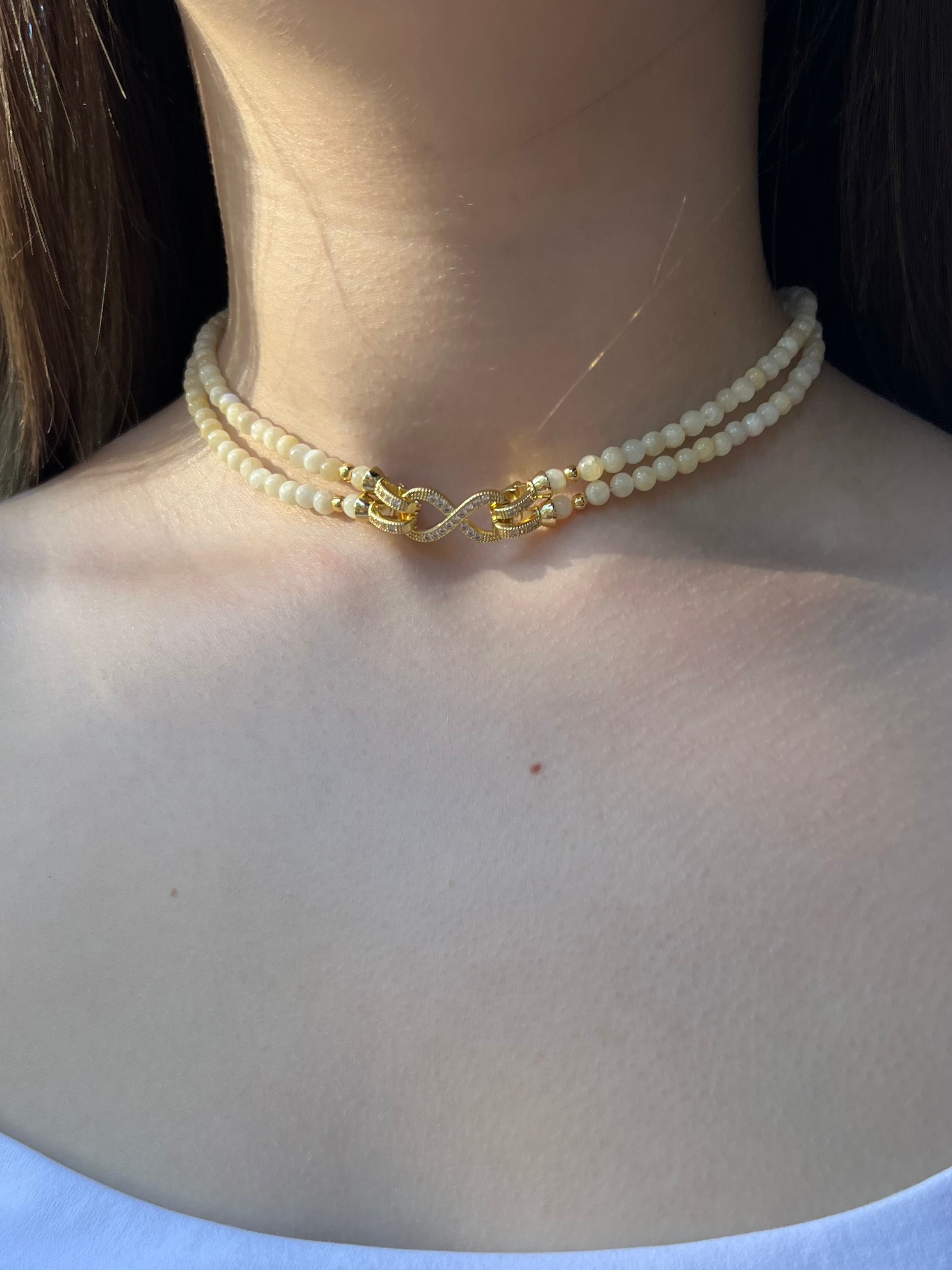Topaz Jade Choker Necklace : 18K Gold Plated Zirconia Infinity Clasp