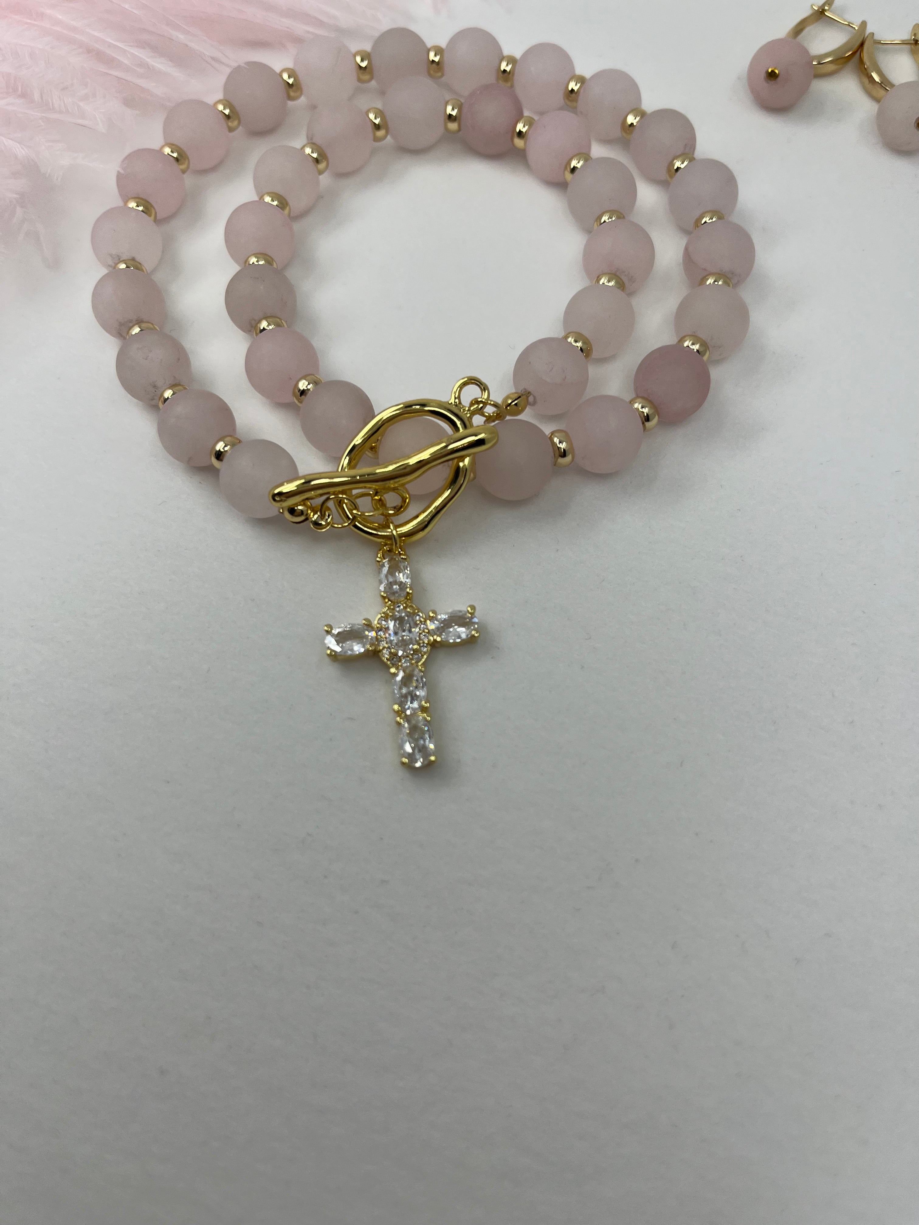 Set: Rose Quartz Cross Necklace and Earrings, 18k gold plated
