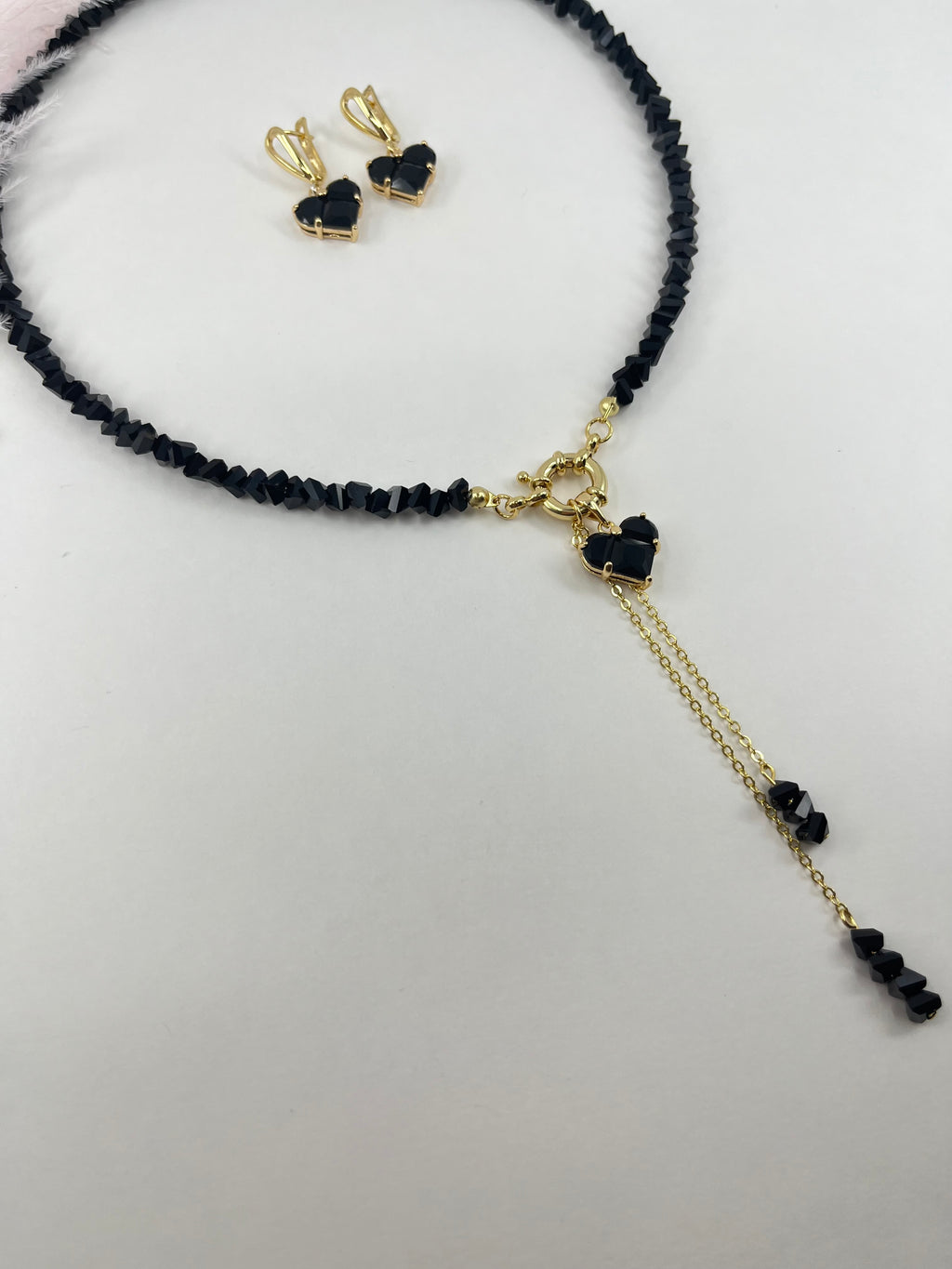 Set: Heart Black Crystal Y-Necklace and Earrings – 18K Gold Plated, Cubic Zirconia