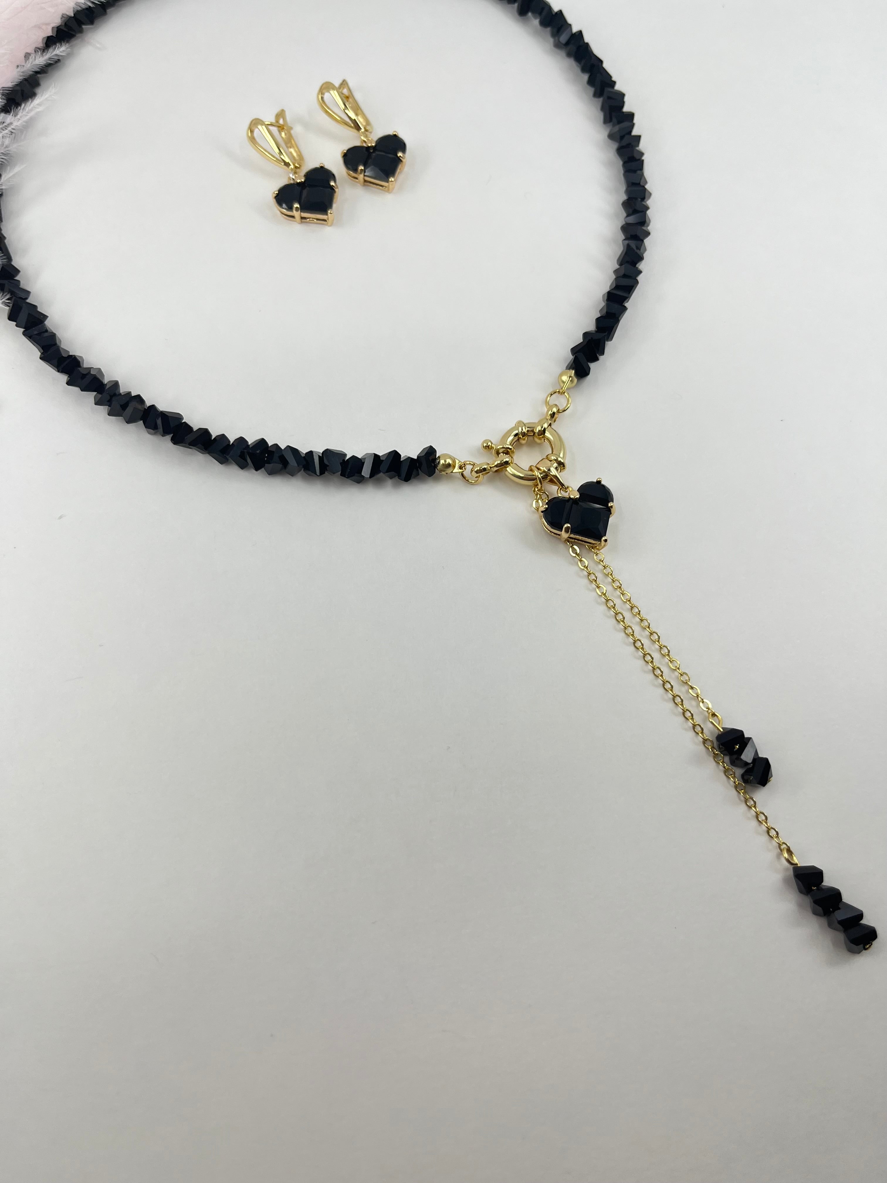 Set: Heart Black Crystal Y-Necklace and Earrings – 18K Gold Plated, Cubic Zirconia