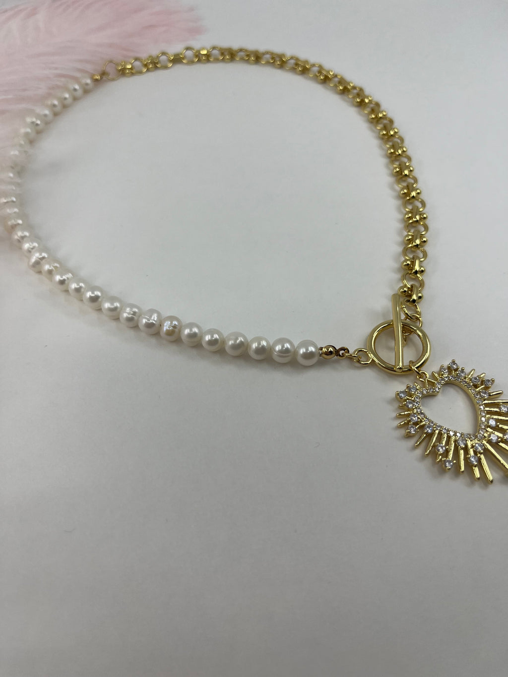 Asymmetrical Pearl Necklace with Heart Pendant, 18K Gold Plated Chain